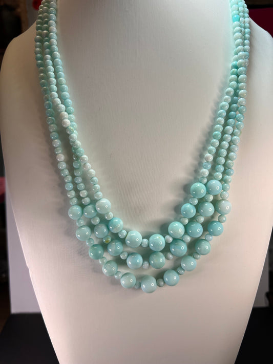 Peruvian blue opal triple strand necklace with sterling silver clasp