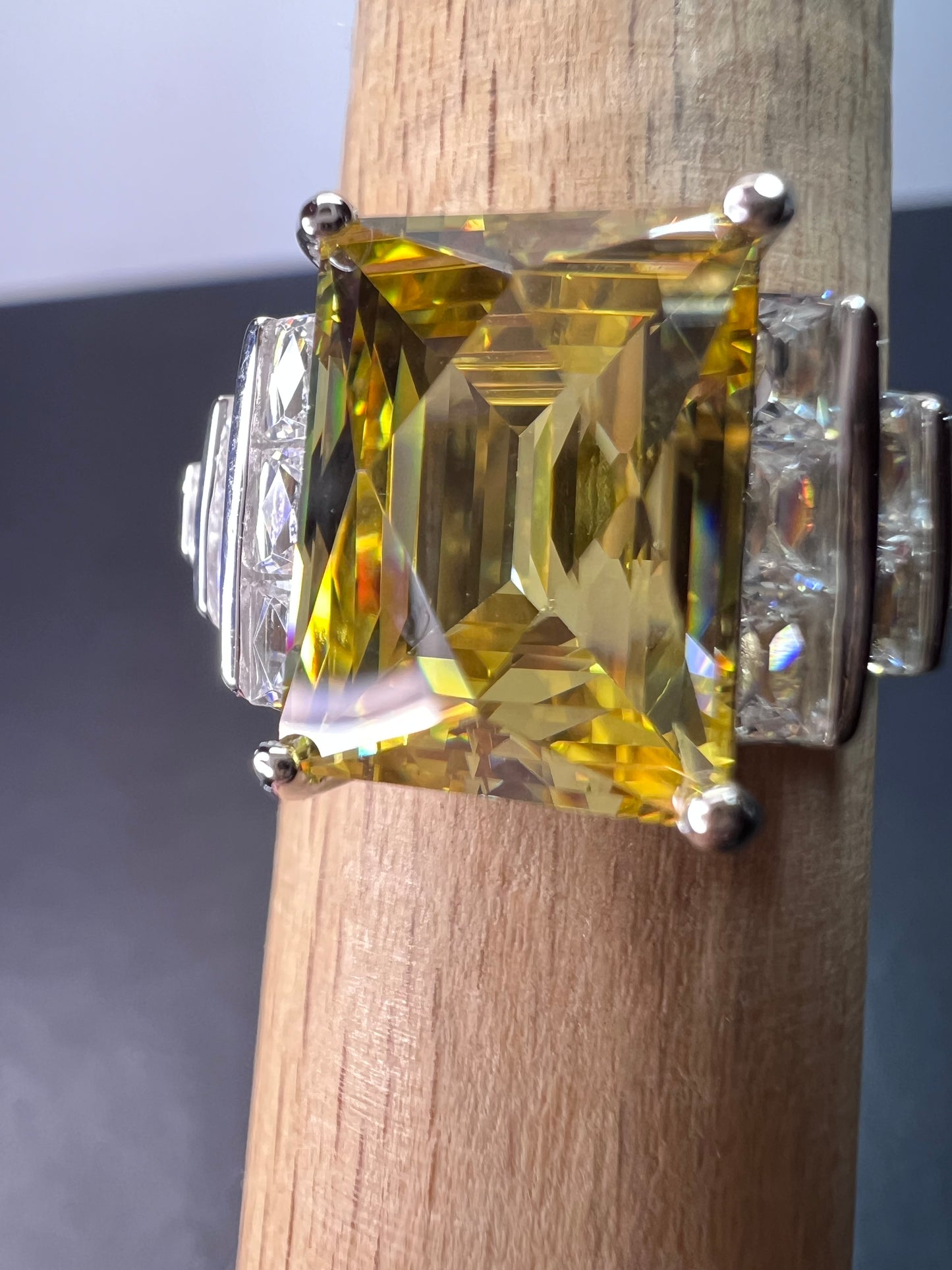 Yellow and white cz sterling silver cocktail ring size 9