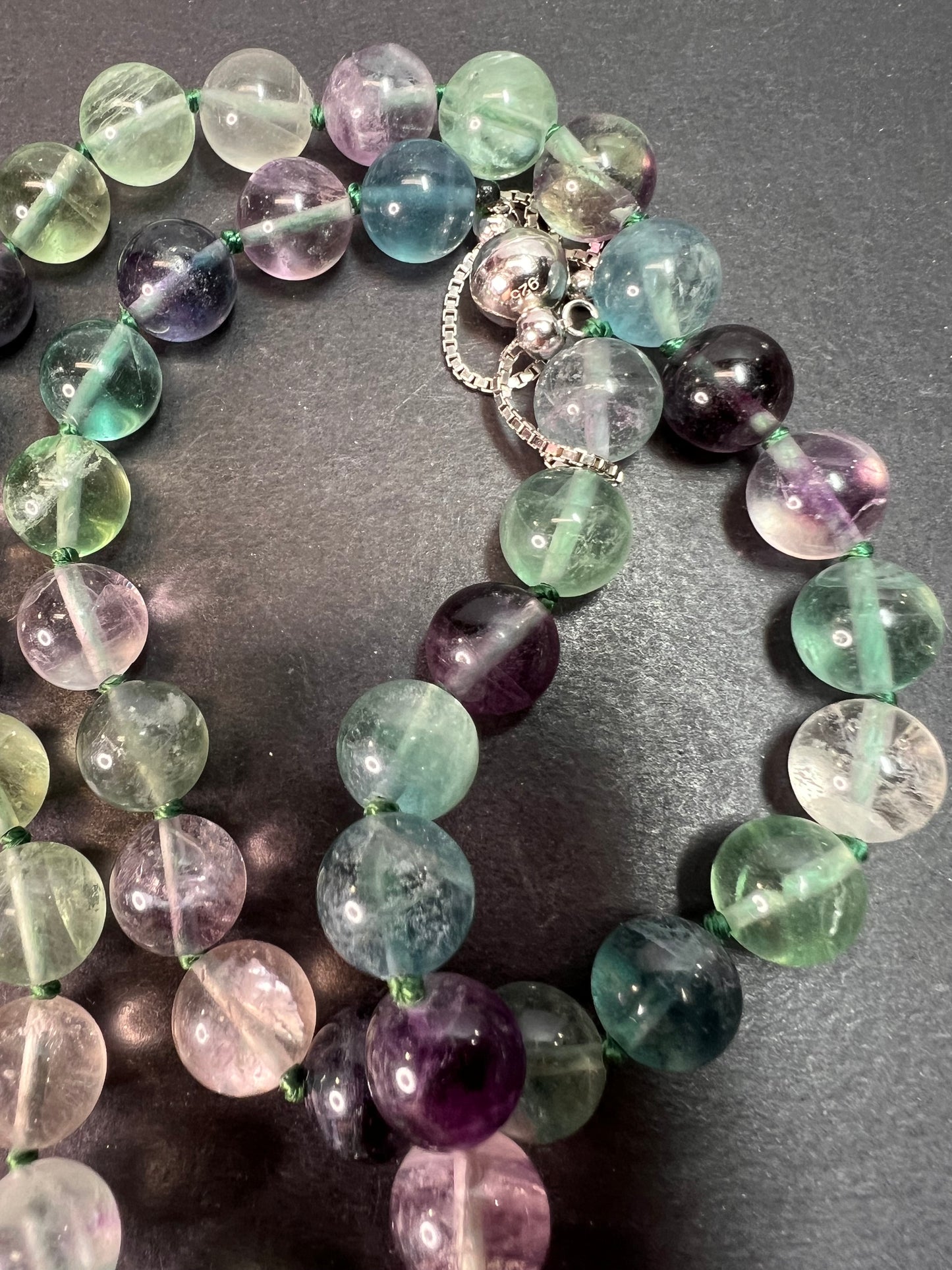 Fluorite knotted beaded bolo necklace with sterling silver magnetic clasp