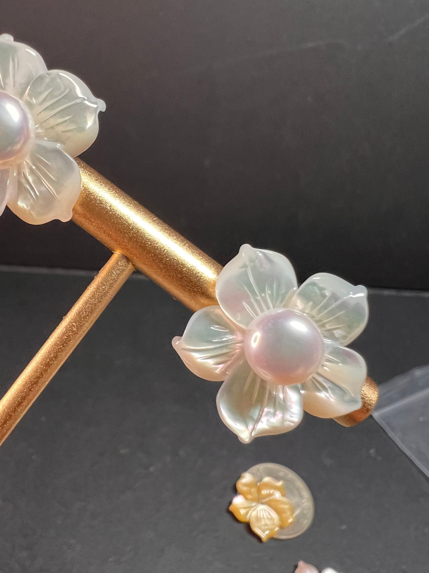 Vintage dead stock set of mother of pearl plumeria stud earrings in sterling silver