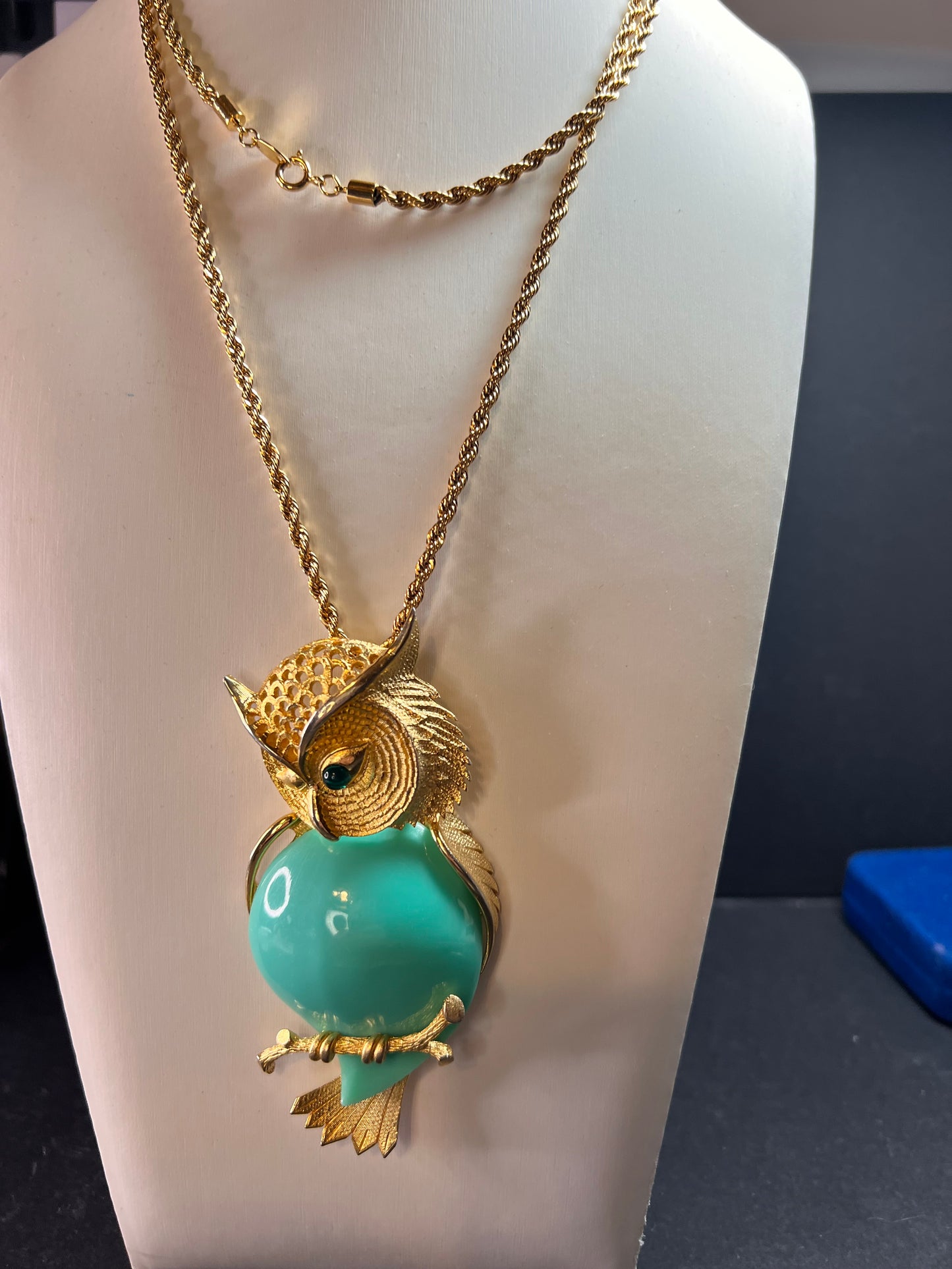 Spectacular Vintage 70s Owl Pendant Necklace | Long 36" Rope Chain | Turquoise