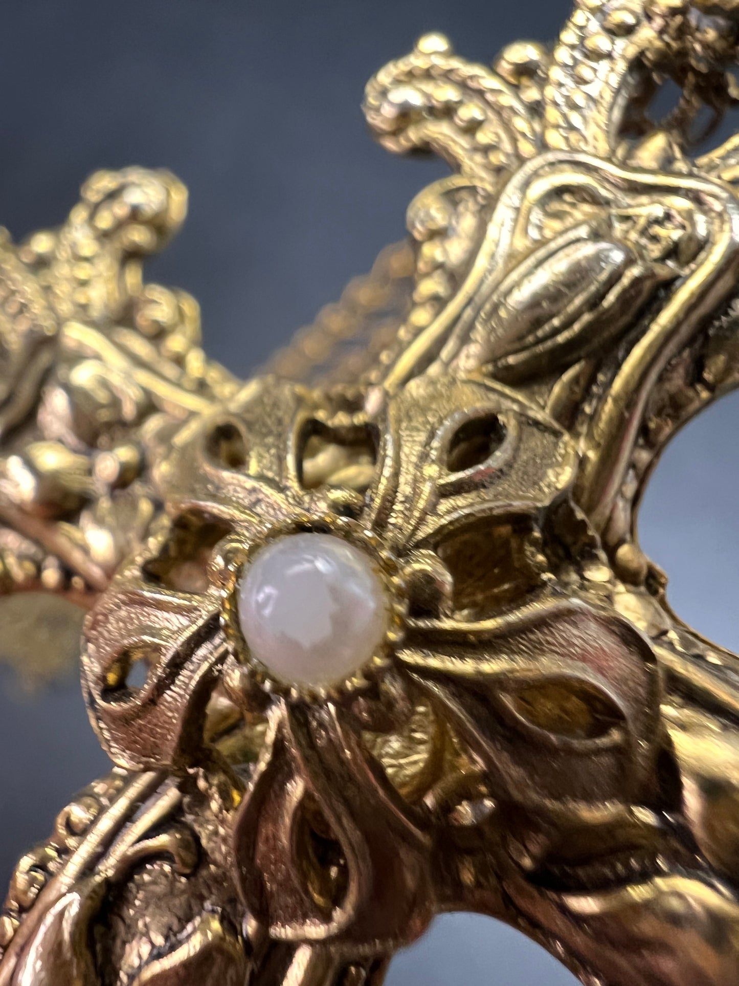 Vintage 1928 Gold Tone Cross Pendant Necklace with Faux Pearls – Long Chain Statement Jewelry