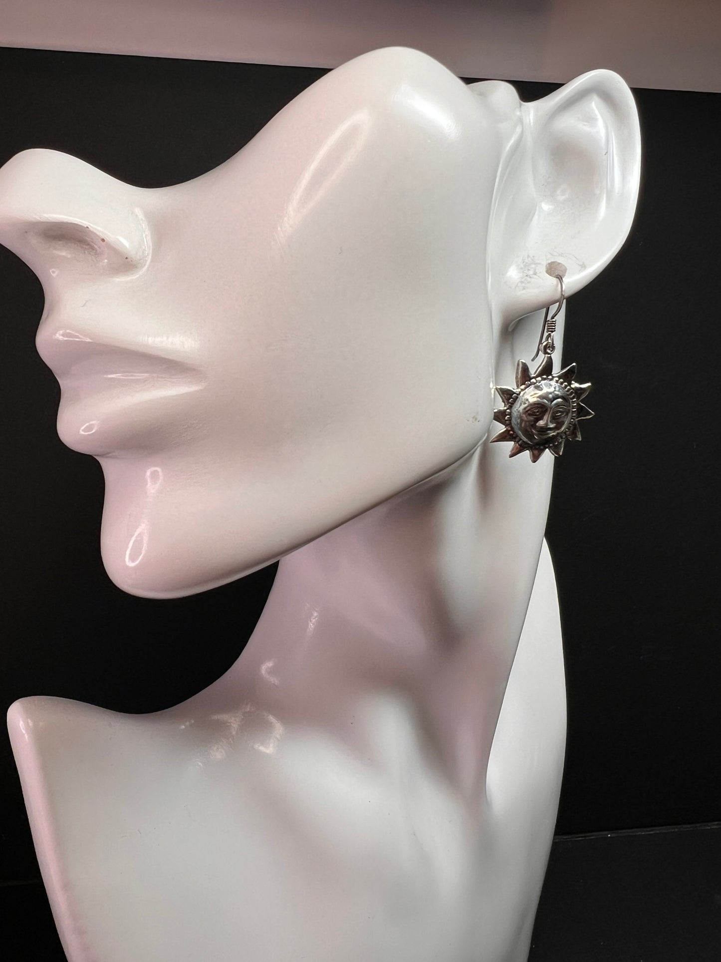 Vintage Sterling Silver Sun Face Dangle Earrings 925