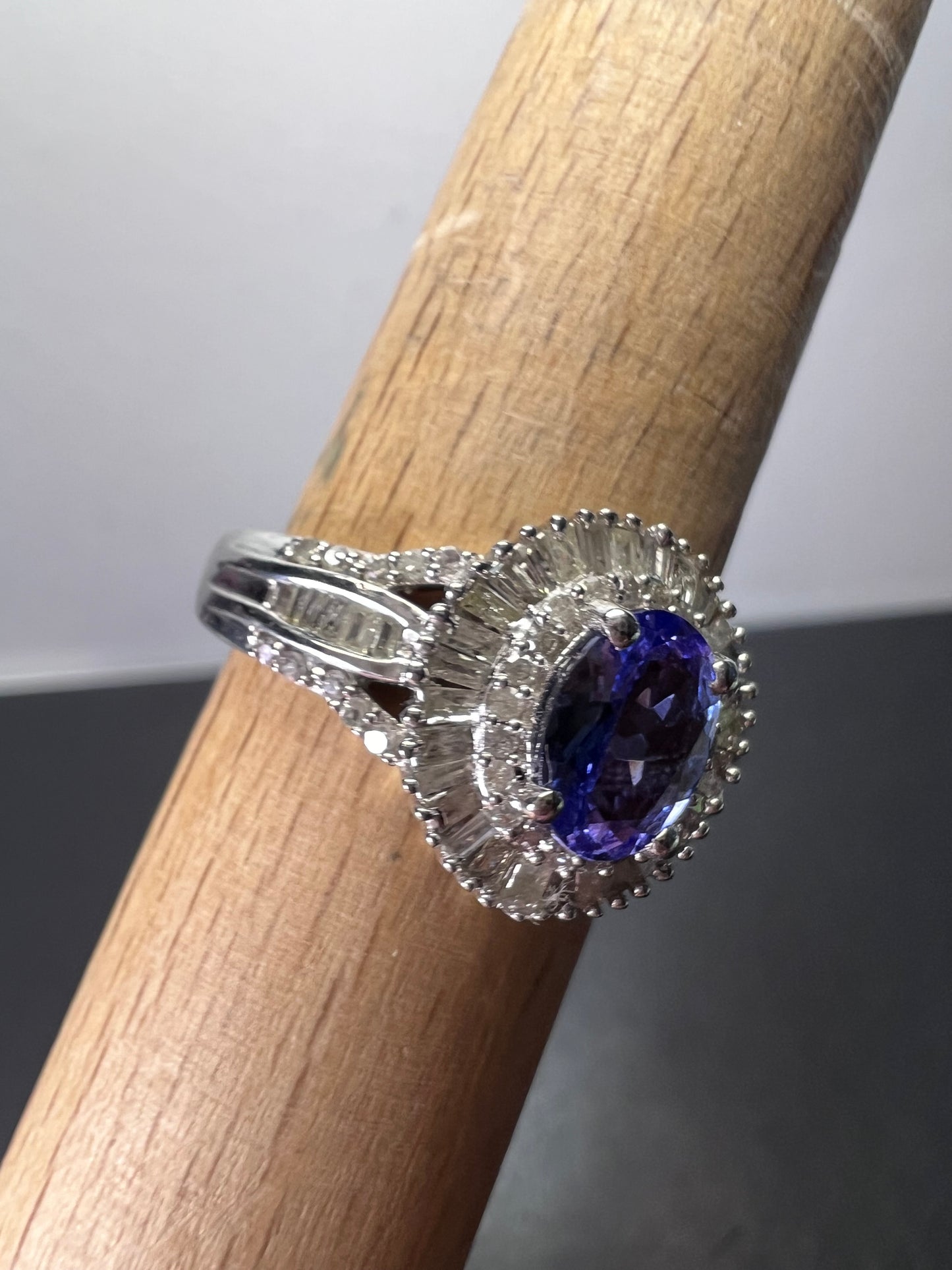 AAA Tanzanite and Diamond  Double Halo Ring in Platinum Over Sterling Silver, Oval Engagement Ring size 10