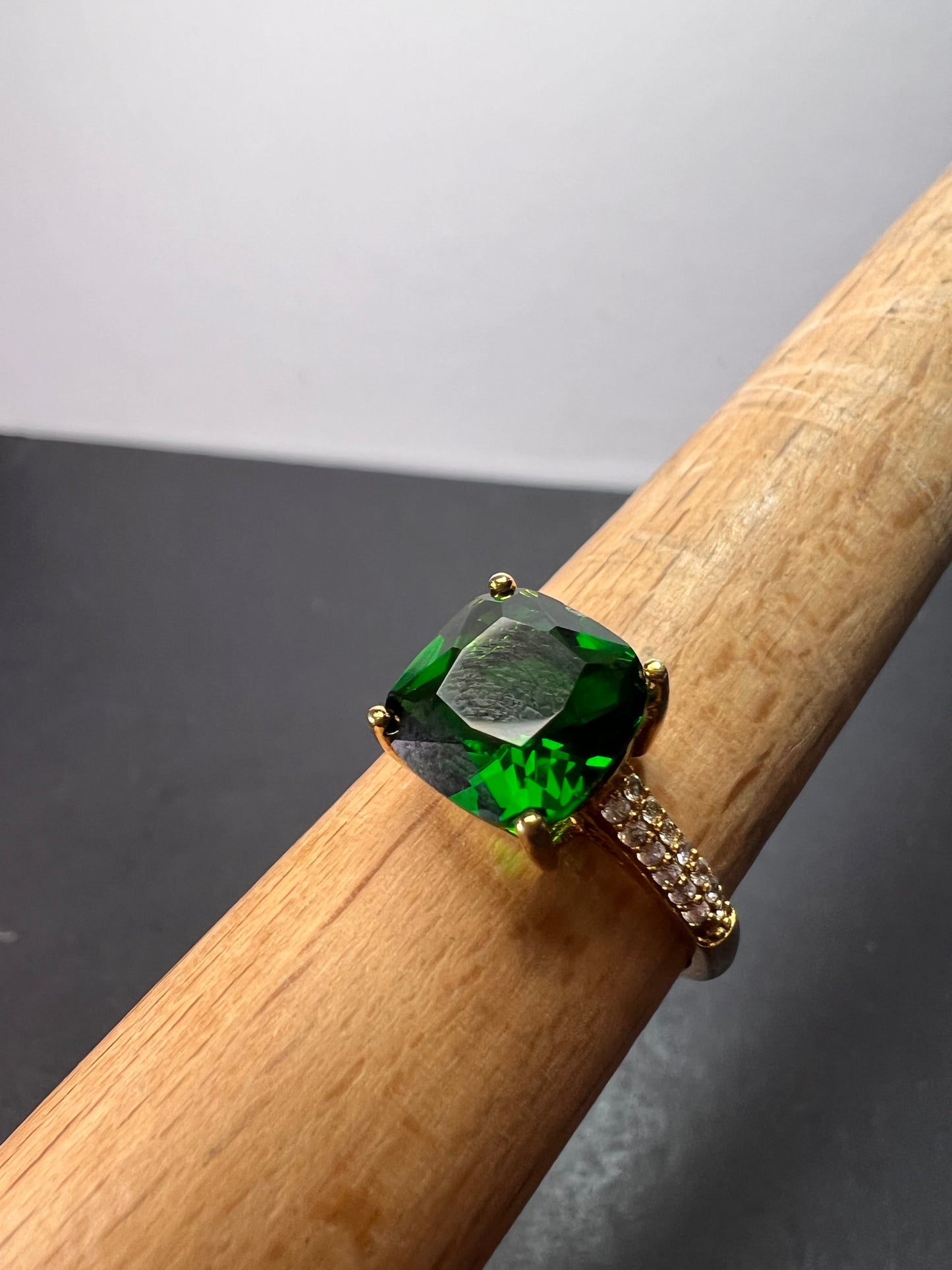 Green cushion cut CZ ring in gold over sterling silver size 9