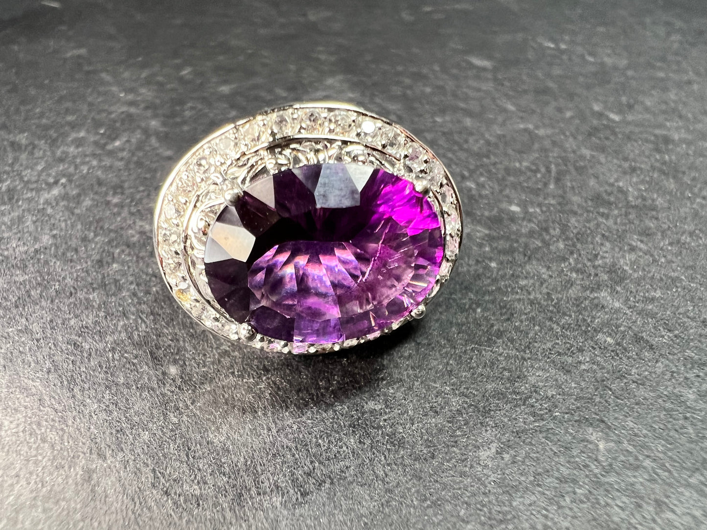 Sterling Silver Purple Fluorite & White Topaz Halo Ring Size 6