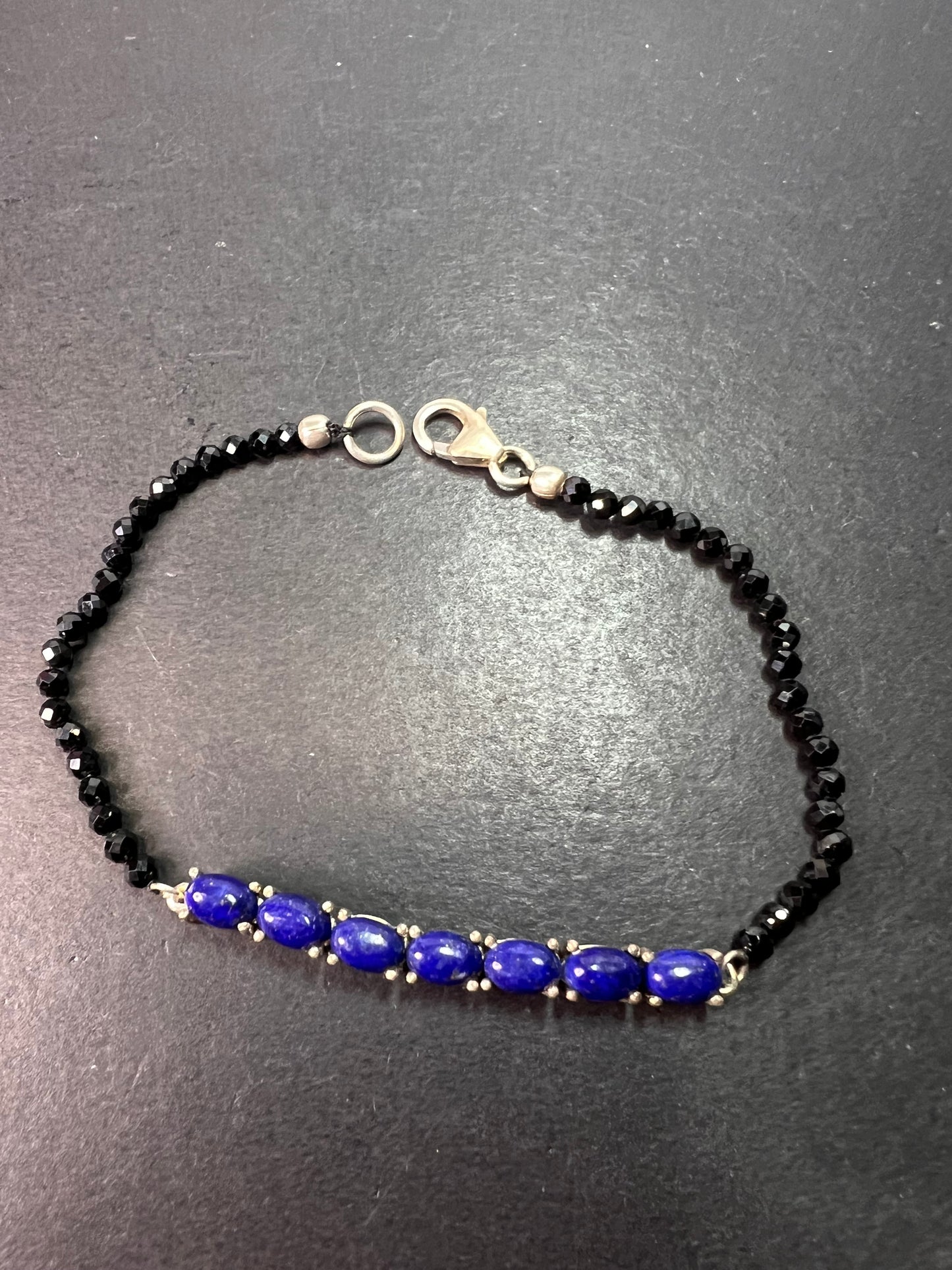 Lapis lazuli and black spinel sterling silver bracelet