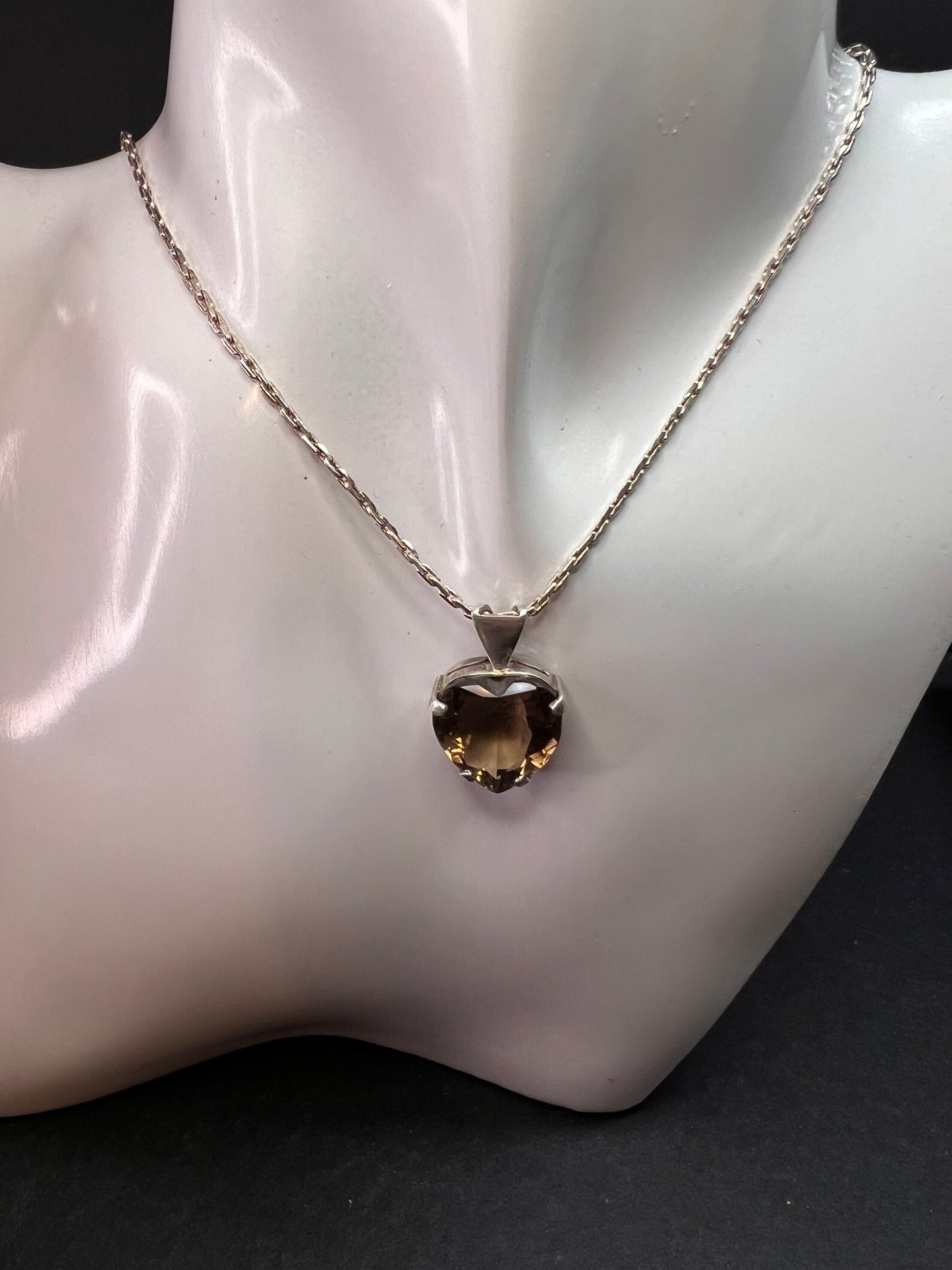 Vintage Smoky Quartz Heart Pendant Necklace Sterling Silver 20”