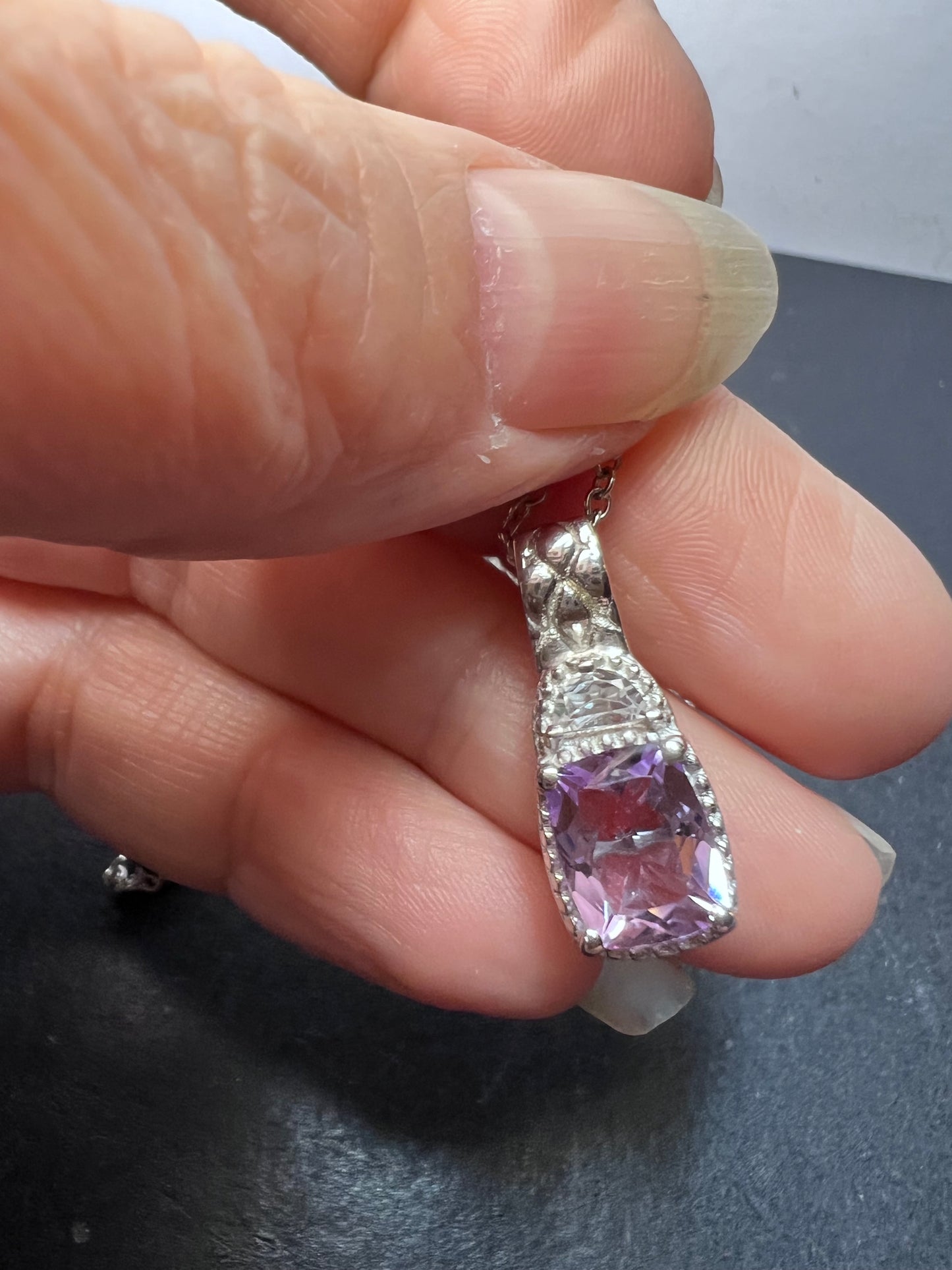 Rose de France amethyst and white topaz sterling silver pendant with stainless steel chain