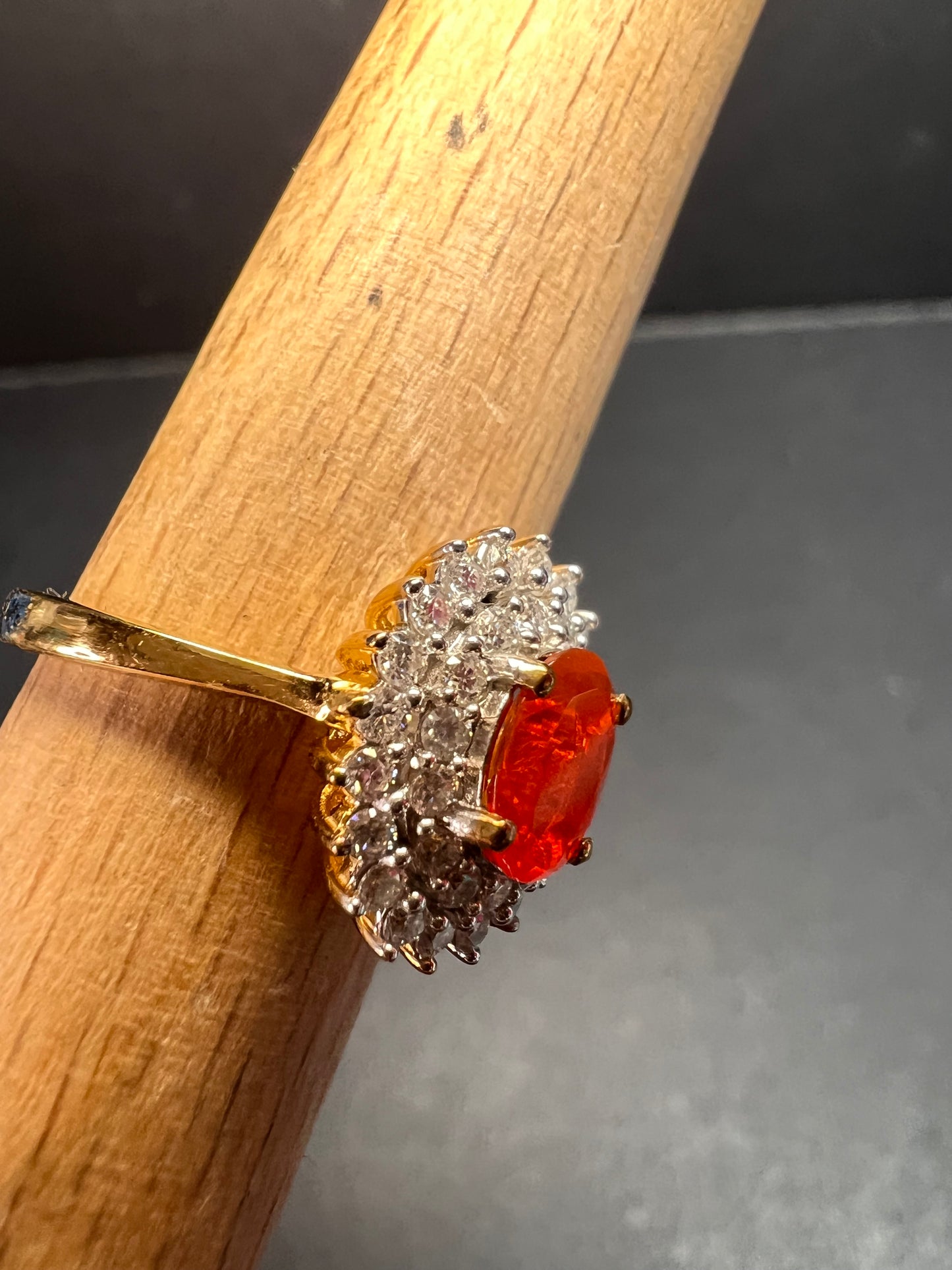 NEW Mexican Cherry fire opal and moissanite double halo ring in vermeil yellow gold over sterling silver size 5