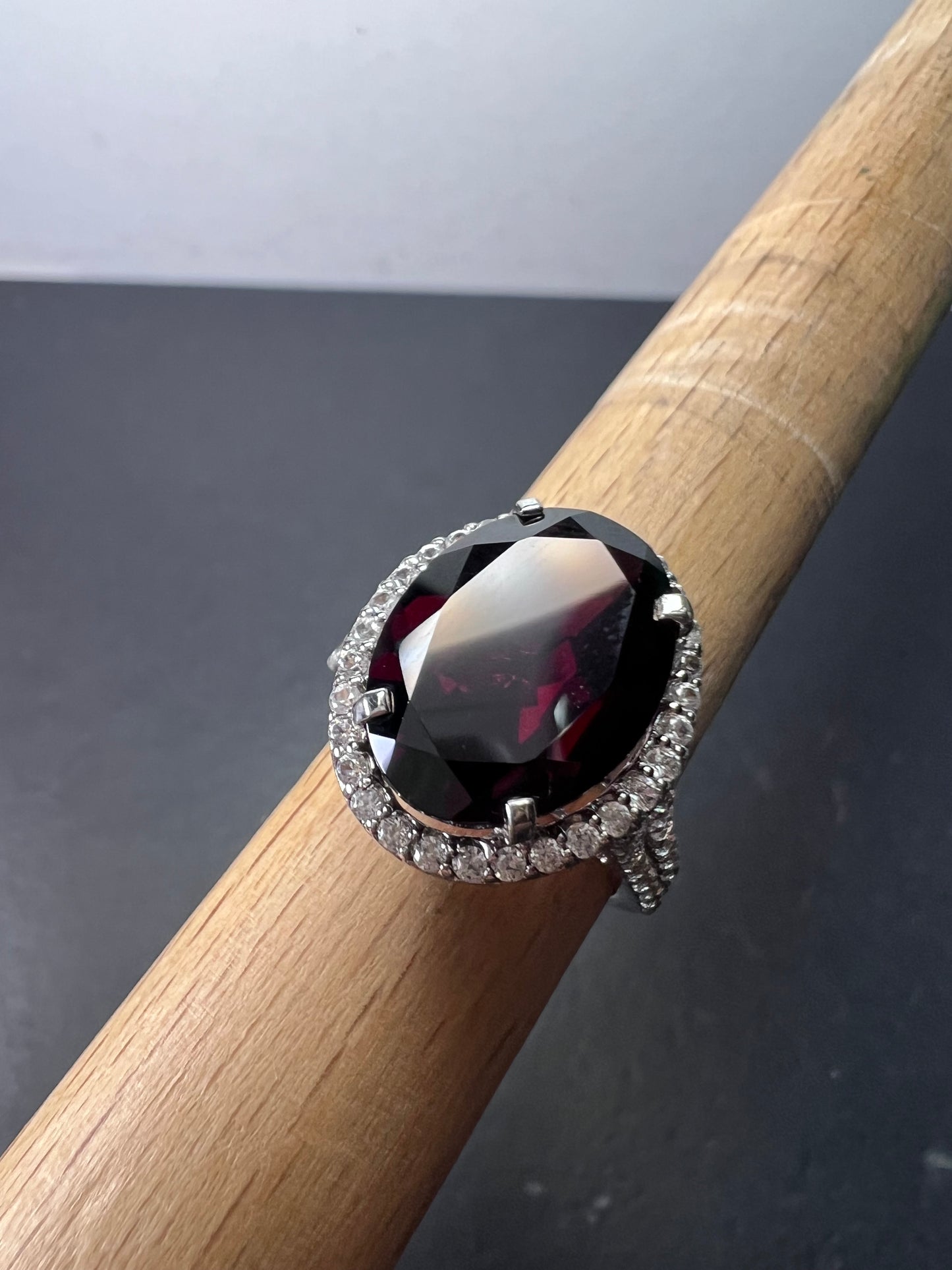 Garnet and zircon sterling silver halo ring size 9