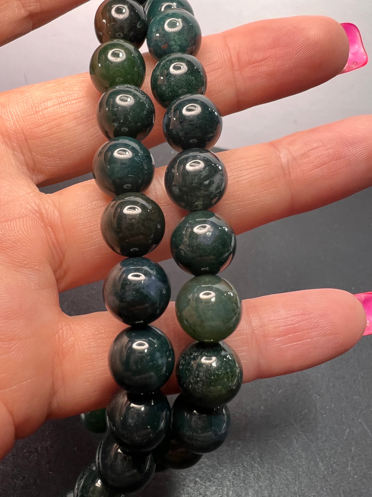 Moss agate 18 inch beaded necklace with sterling silver clasp