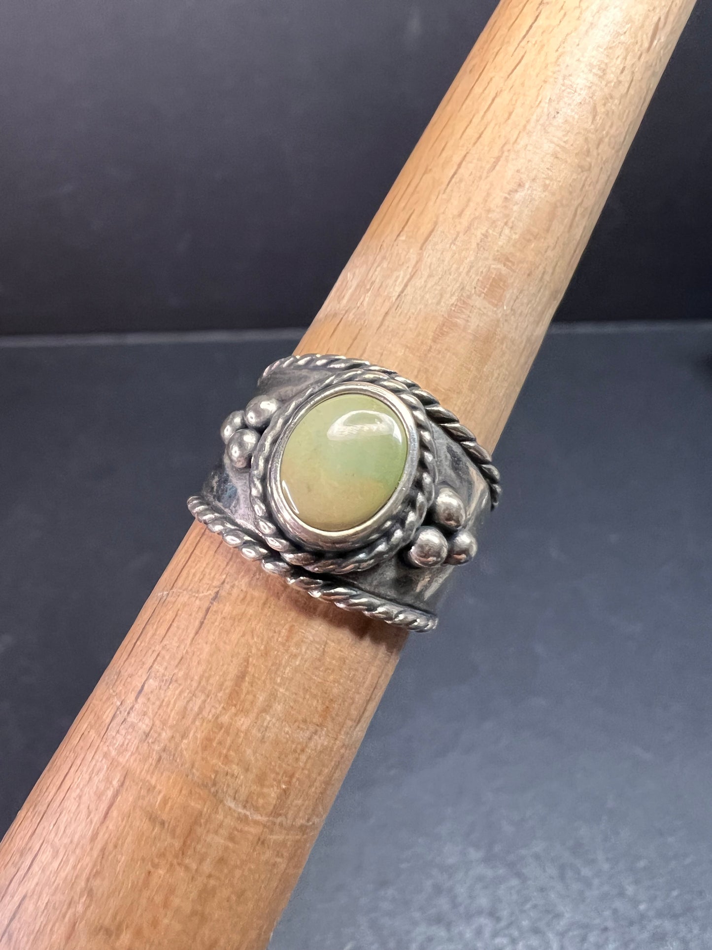 Vintage Sterling Silver Size 6 Ring | Artisan Style Green Cabochon Band