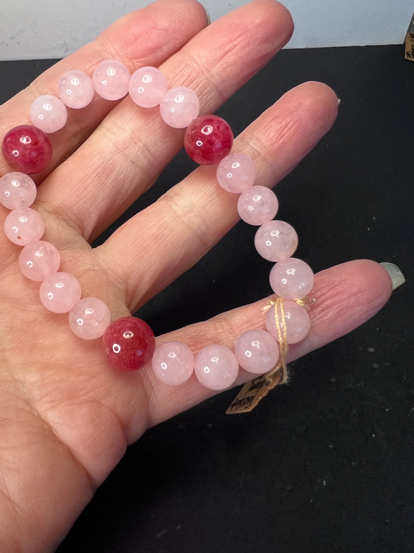 Rose quartz and gemmy rhodonite stretch cord 7 inch bracelet