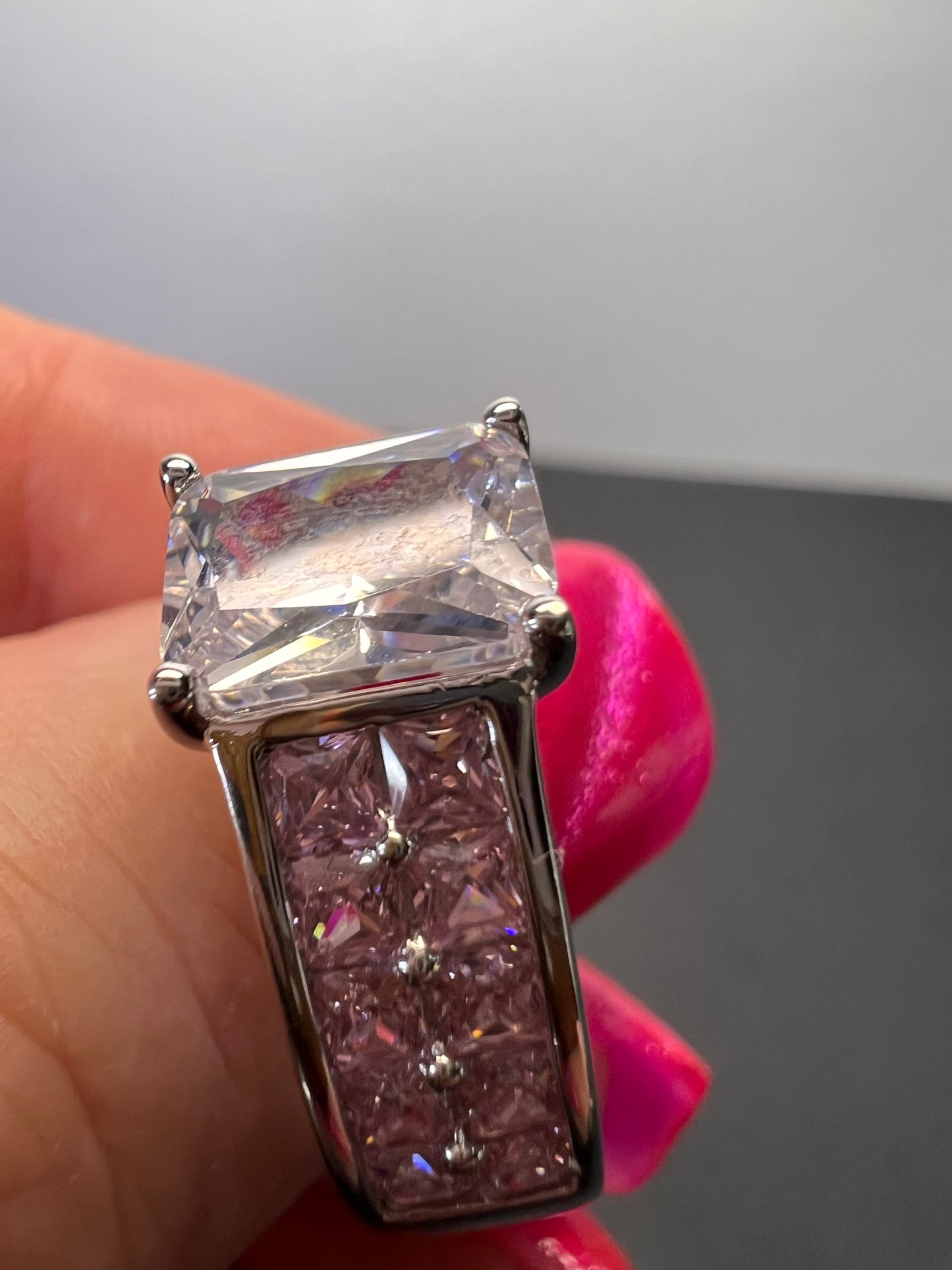 Pink and white CZ rhodium over sterling silver ring size 9