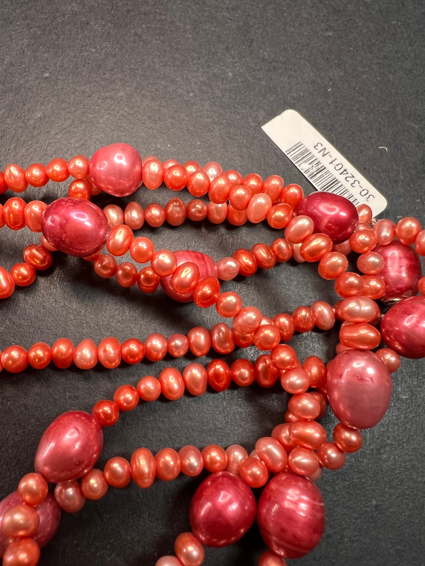 NEW coral and magenta colored freshwater pearl 36 inch station necklace with sterling silver clasp