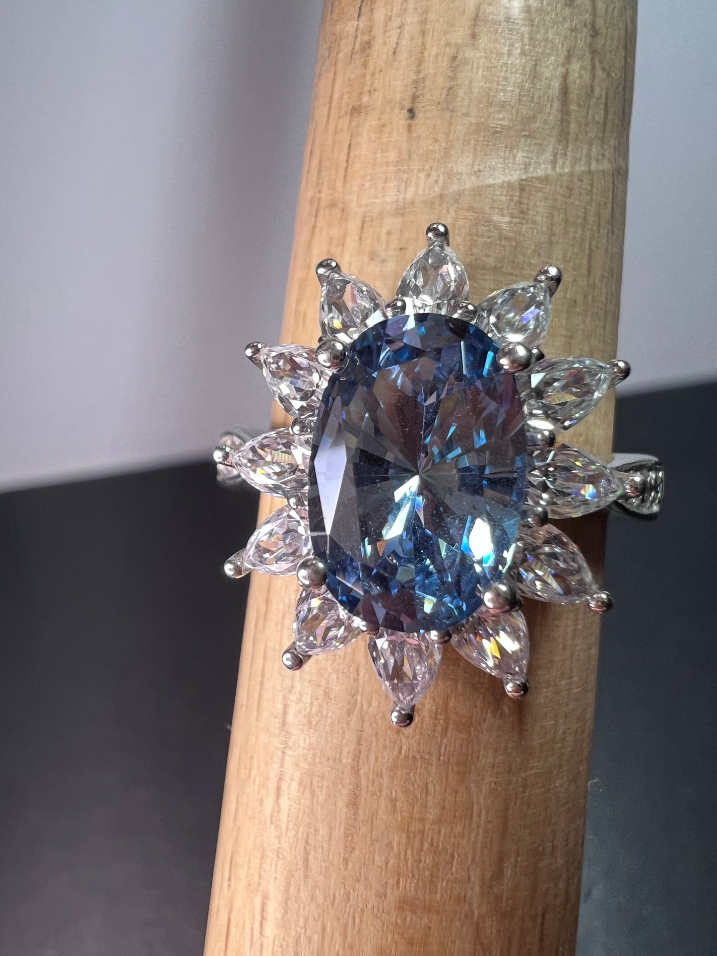 Blue lab spinel and white CZ rhodium over sterling ring size 10