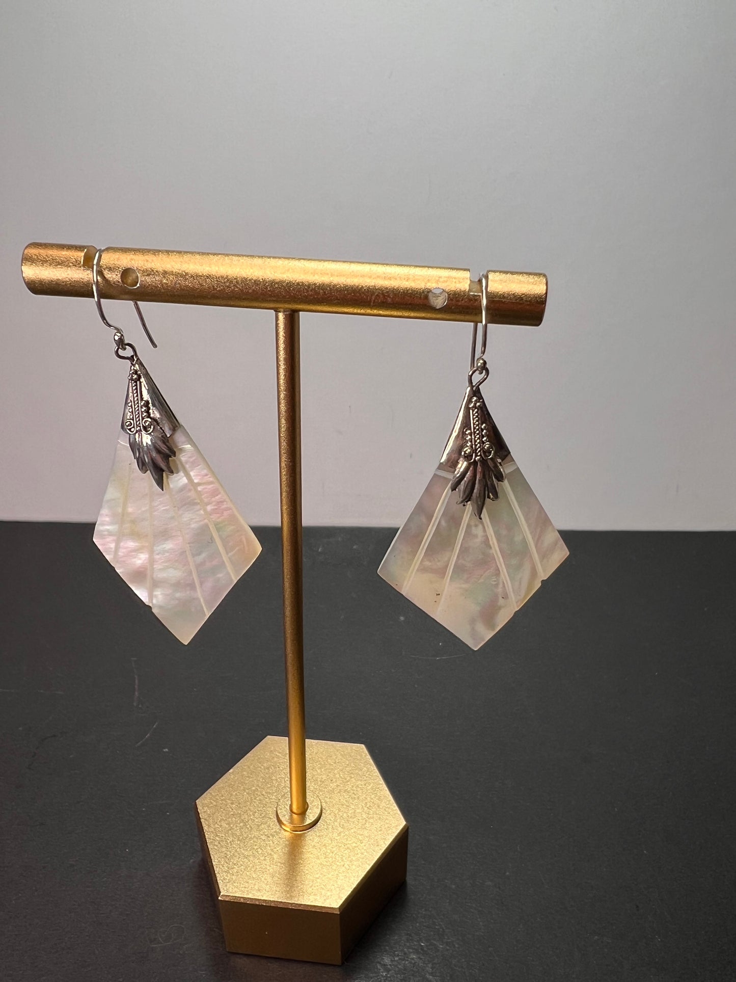 Mother of pearl sterling silver diamond dangle earrings