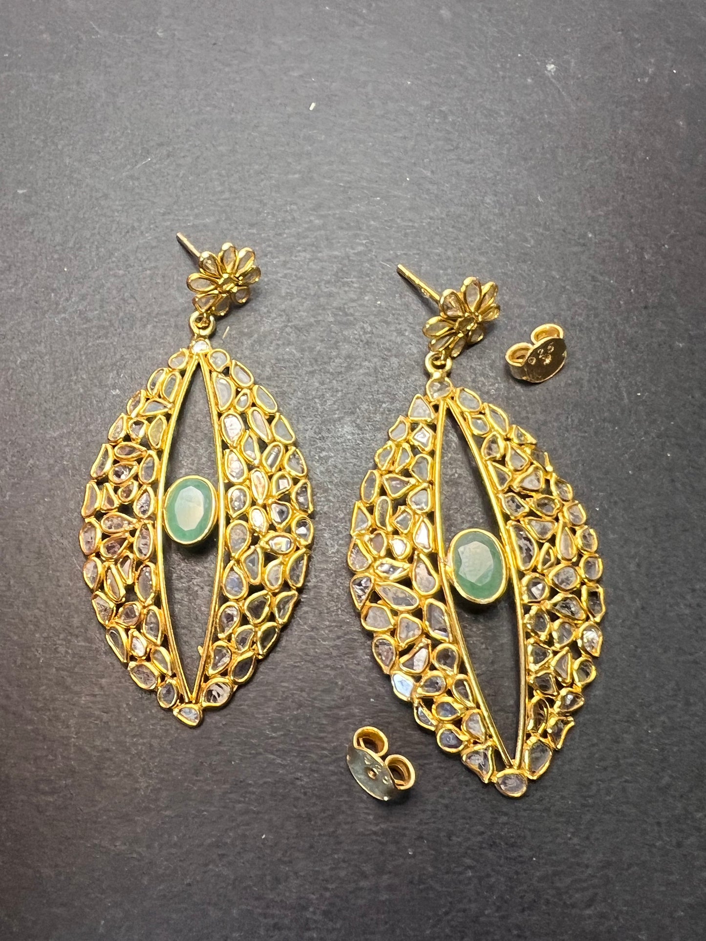 Polki diamond slices and emerald gold over sterling silver open marquee drop earrings