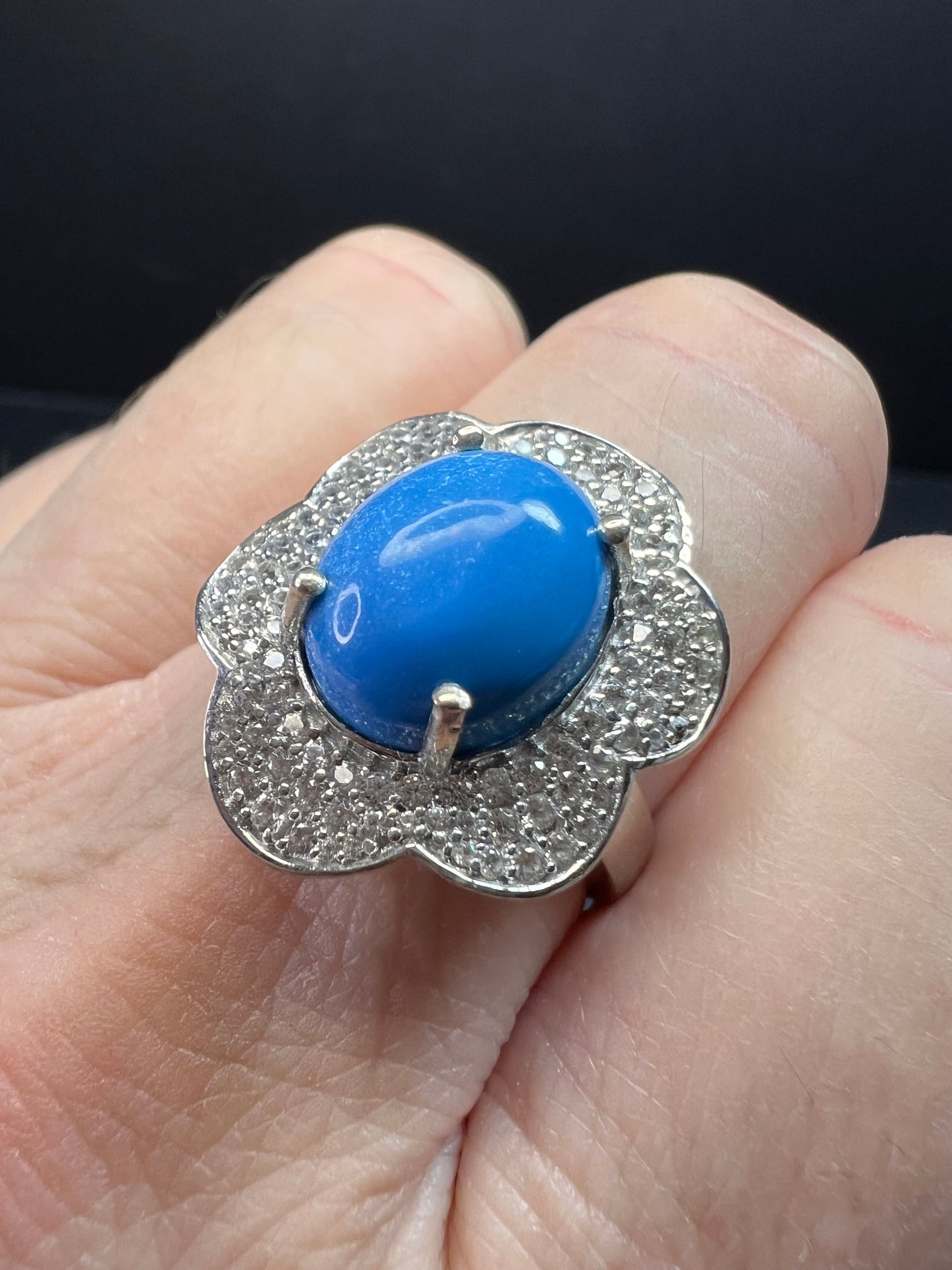 NEW Ceruleite and zircon blossom ring in rhodium over sterling silver size 8