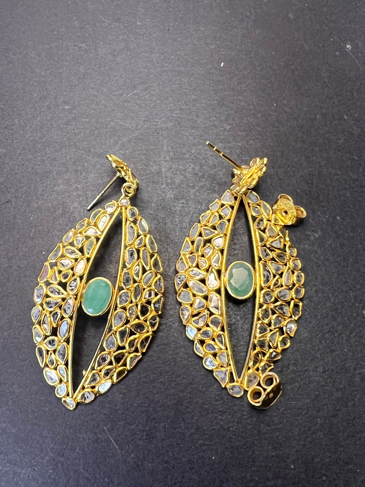 Polki diamond slices and emerald gold over sterling silver open marquee drop earrings