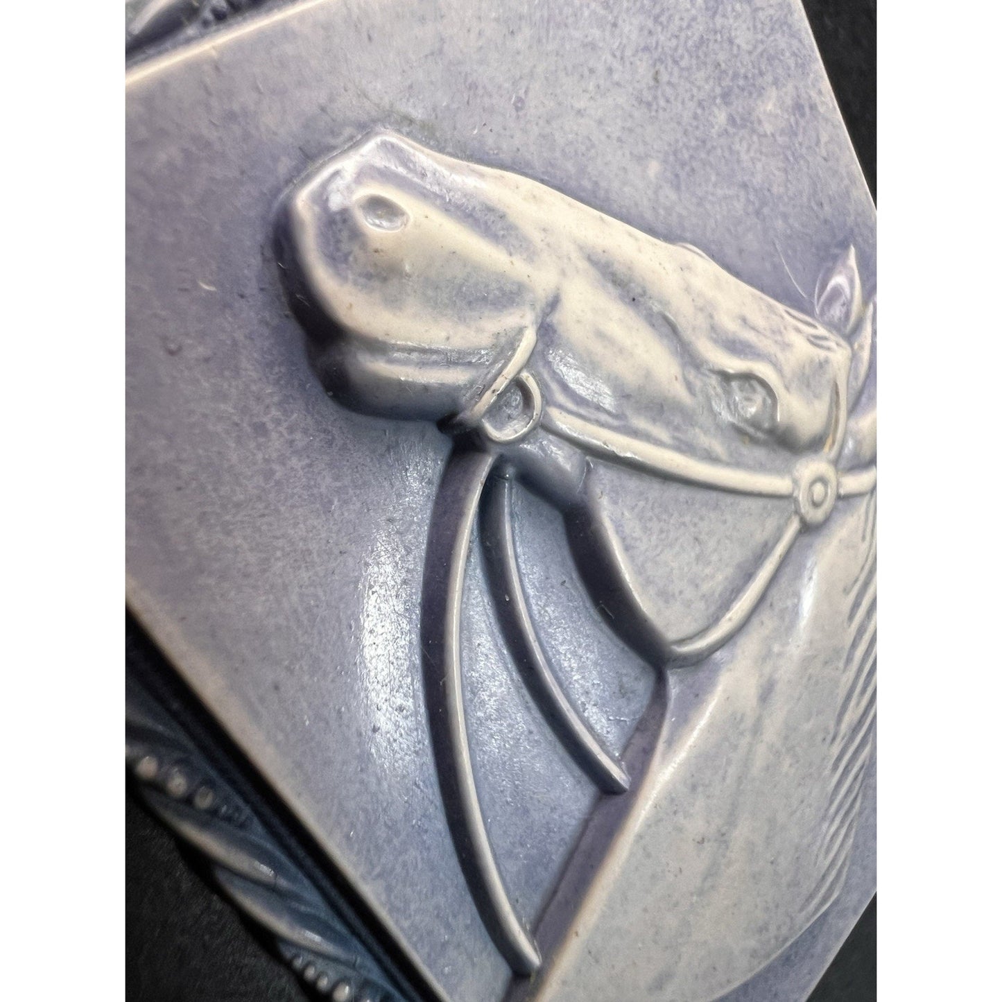 Vintage 1940’s Celluloid Horse Head Brooch/Pin Blue Square Fashion Retro 2"