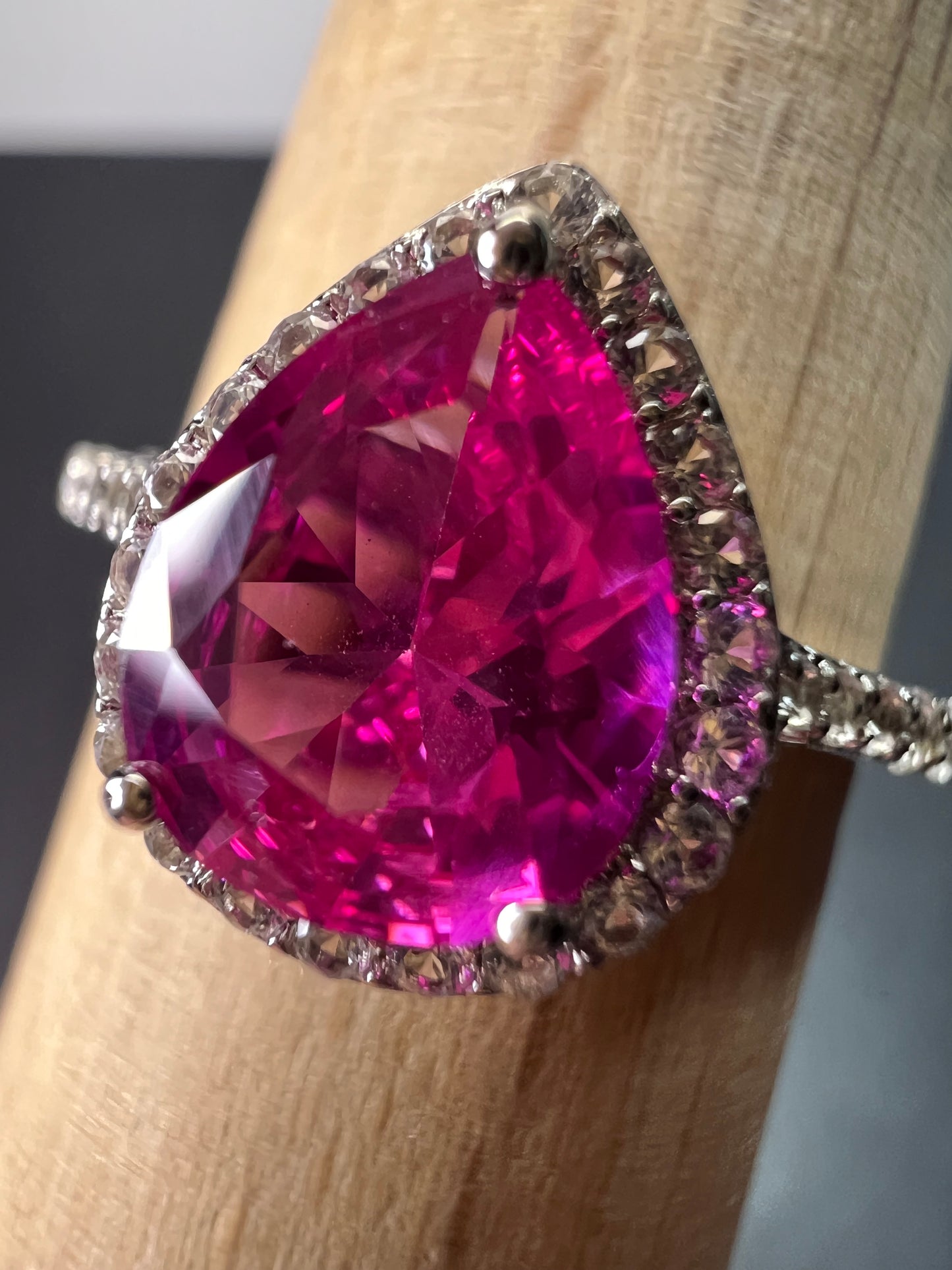 Barbie style lab pink sapphire sterling silver halo ring size 9