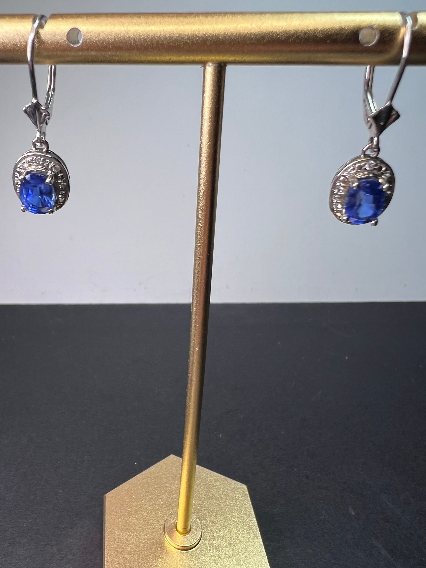 Blue kyanite sterling silver  lever back halo earrings