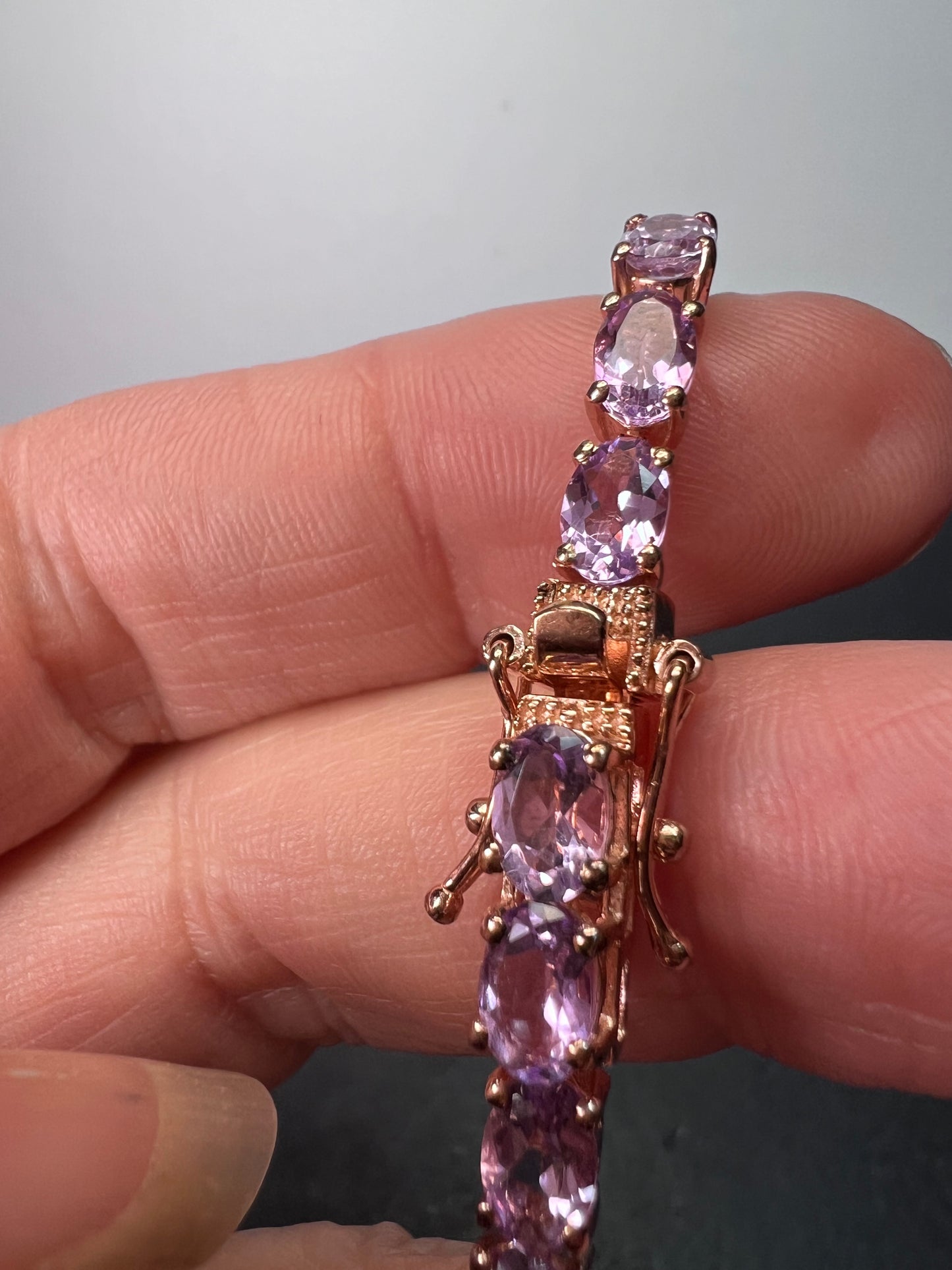 Rose de France amethyst tennis bracelet in 18k rose gold over sterling