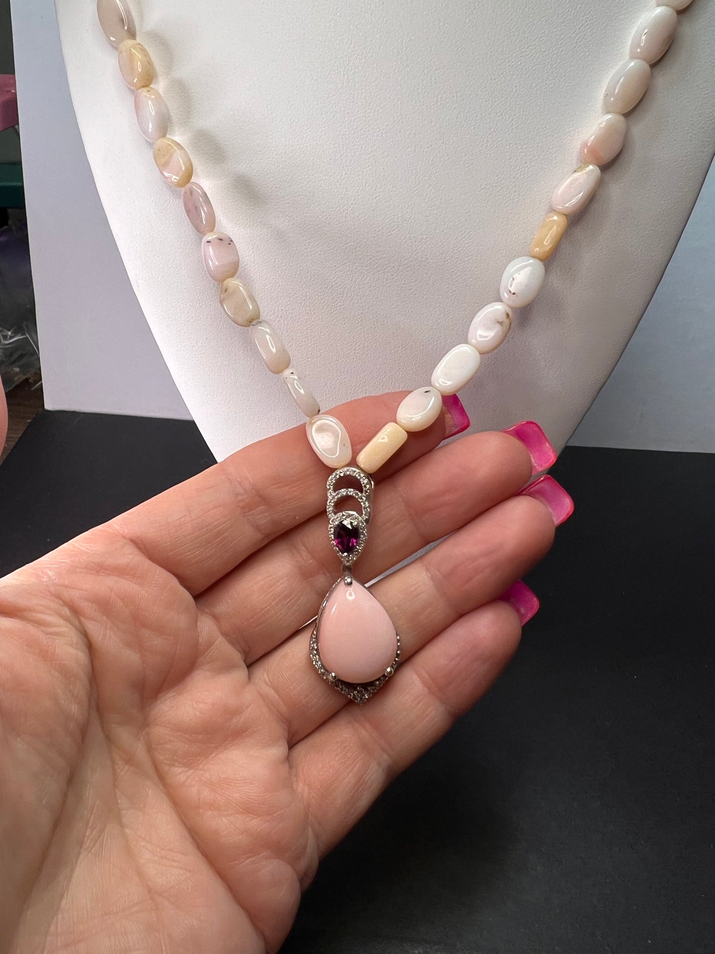 Peruvian pink opal and raspberry rhodolite garnet sterling silver necklace