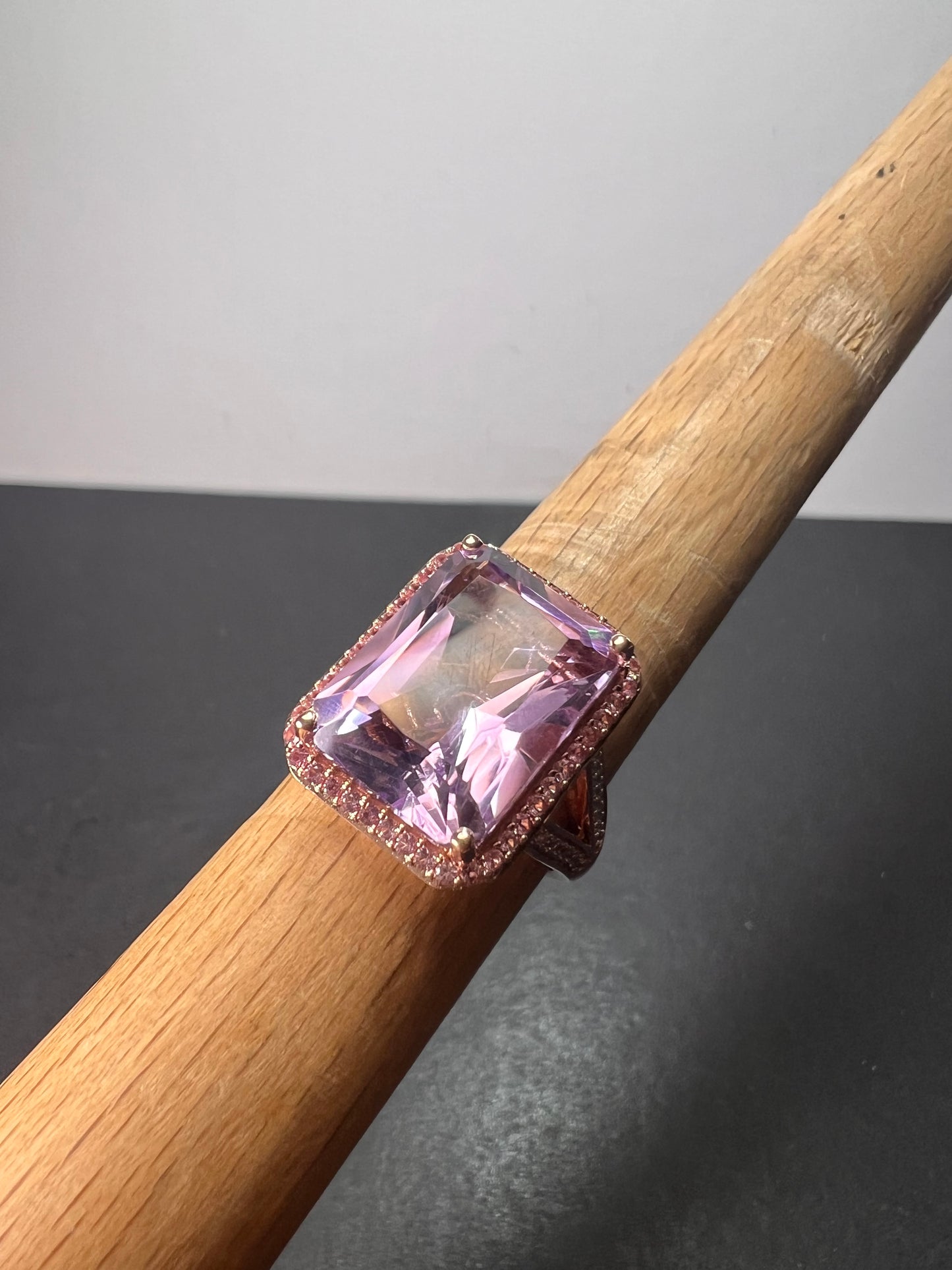 Radiant cut rose de France amethyst and pink sapphire halo ring in rose gold vermeil over sterling silver size 8 *NEW*