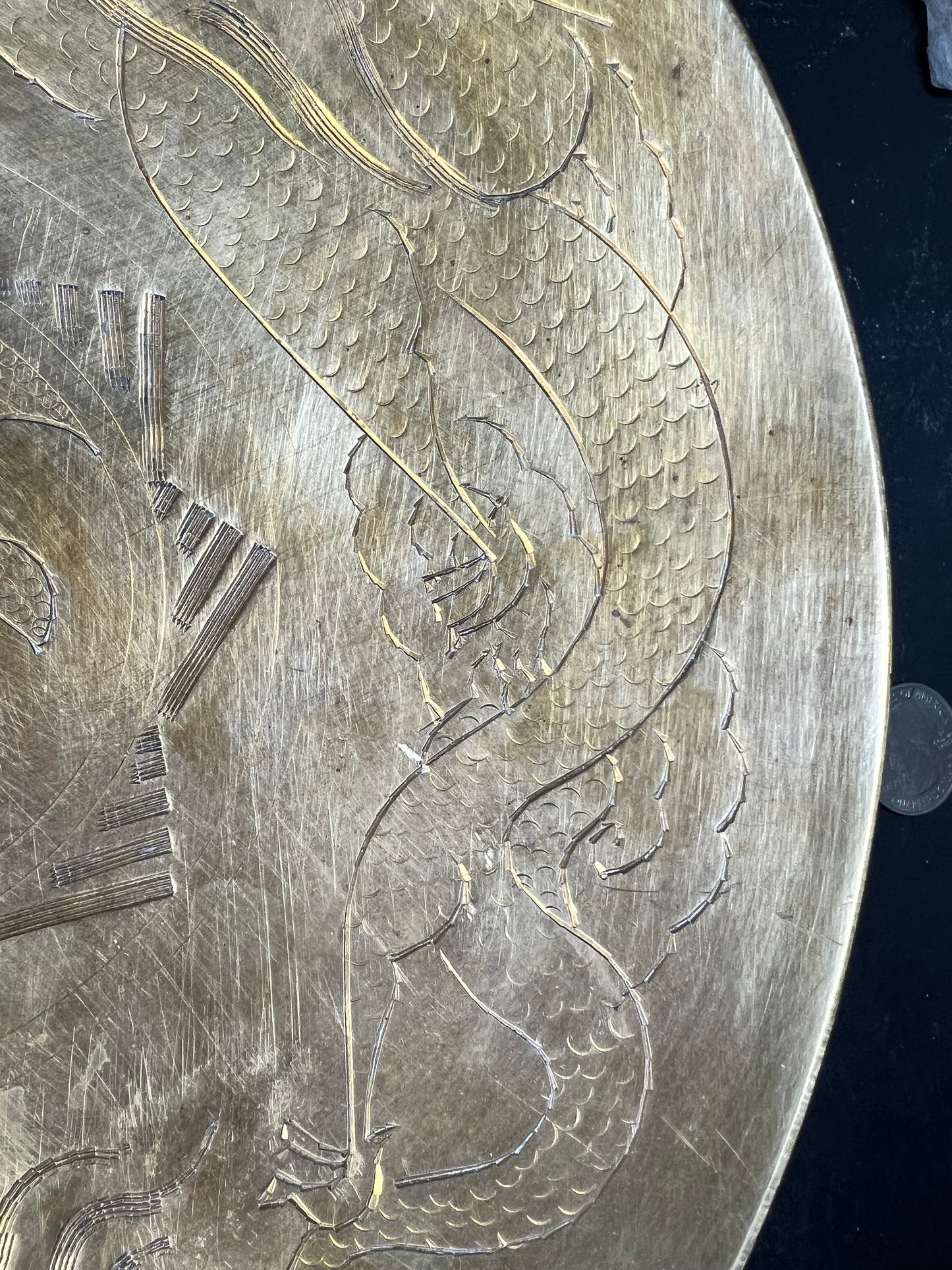 Antique 1920s Chinese Etched Brass Dragon Bowl - 10” Hand Engraved MCM Decor