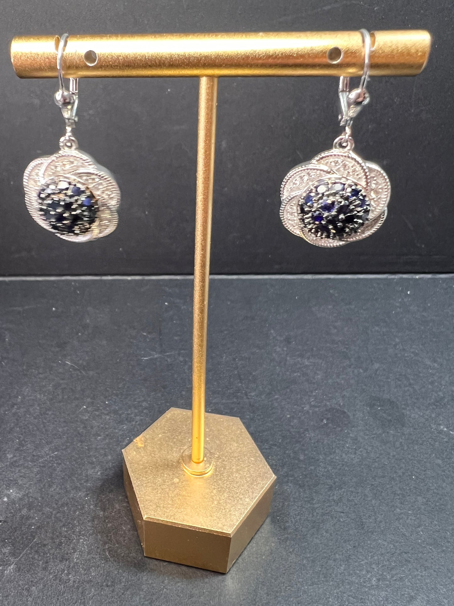 NEW blue sapphire and zircon galaxy halo earrings in rhodium over sterling silver