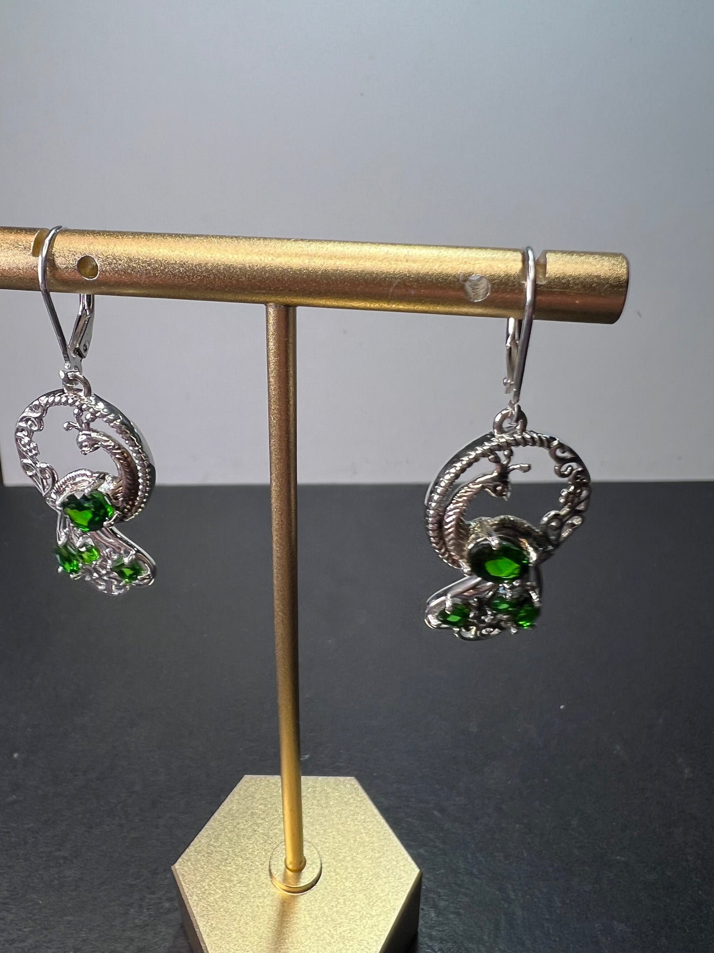 Chrome diopside sterling silver peacock dangle earrings