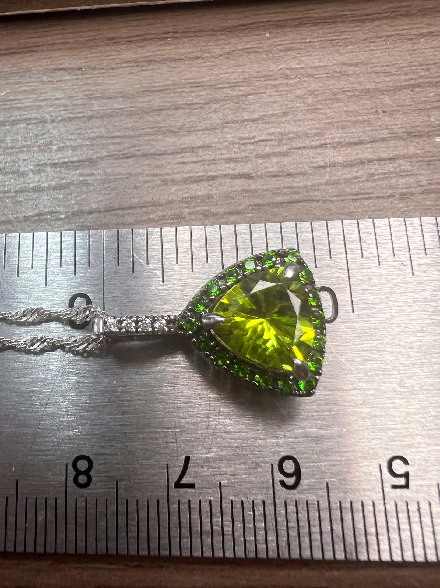 Trillium cut peridot and chrome diopside halo pendant and chain sterling silver necklace