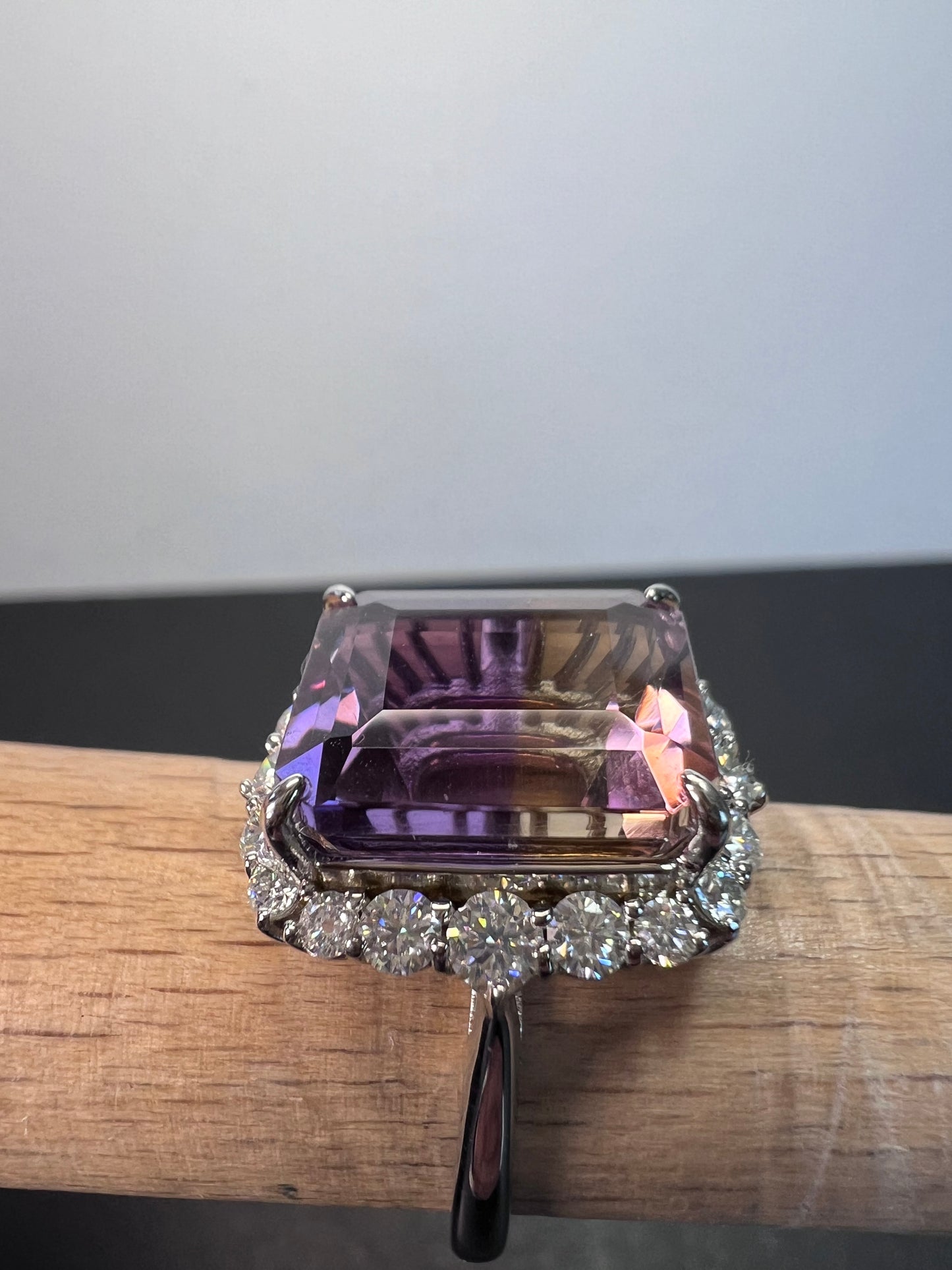 Ametrine and moissanite halo ring in rhodium over sterling silver size 8