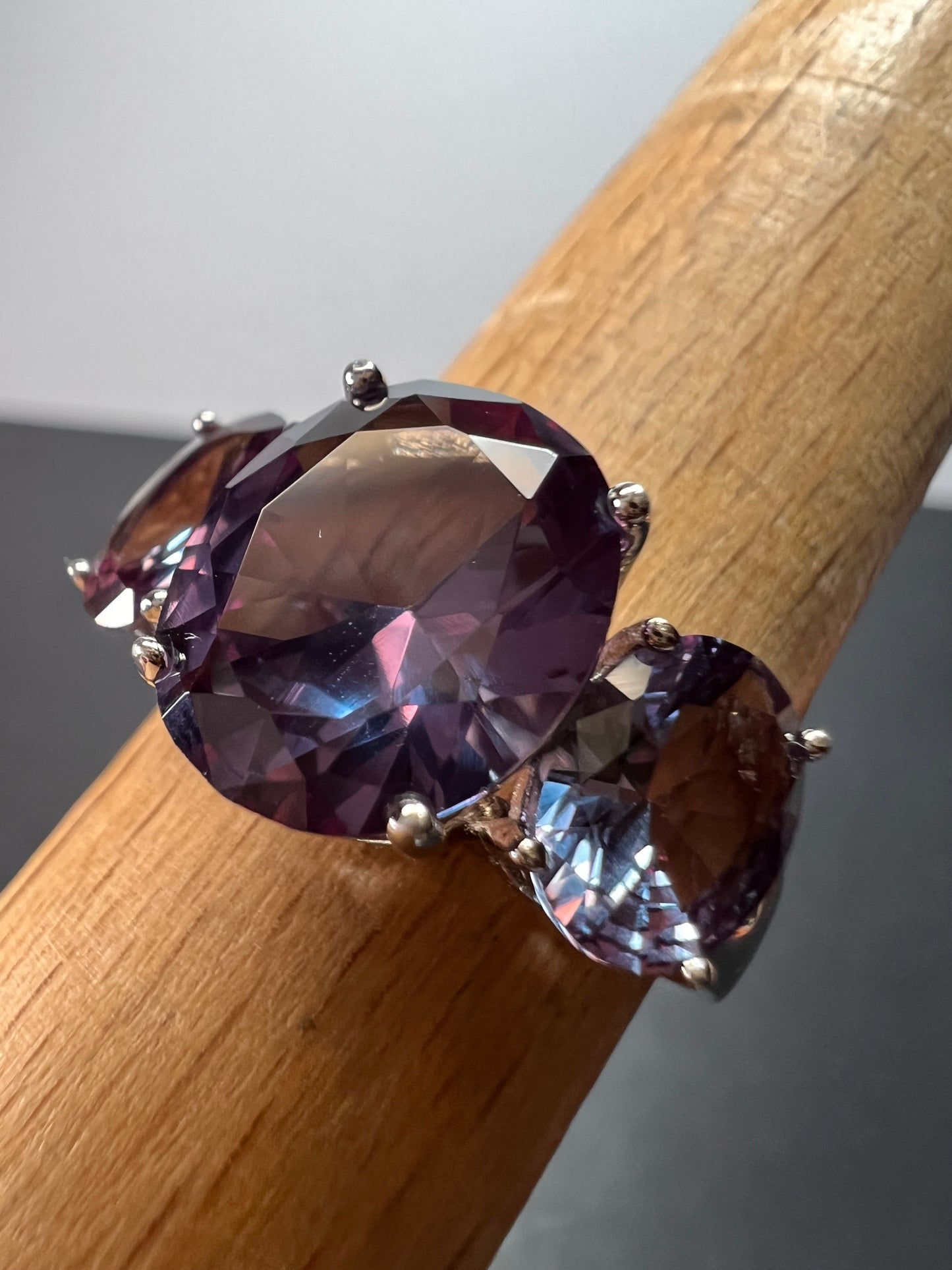 Lab created alexandrite trilogy ring in rhodium over sterling silver size 9