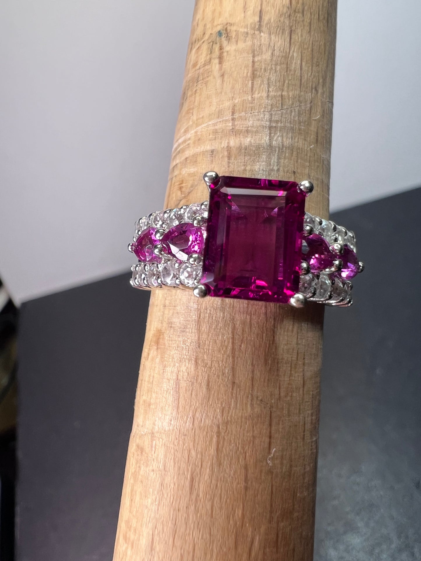 Lab pink tourmaline and white topaz statement ring size 8