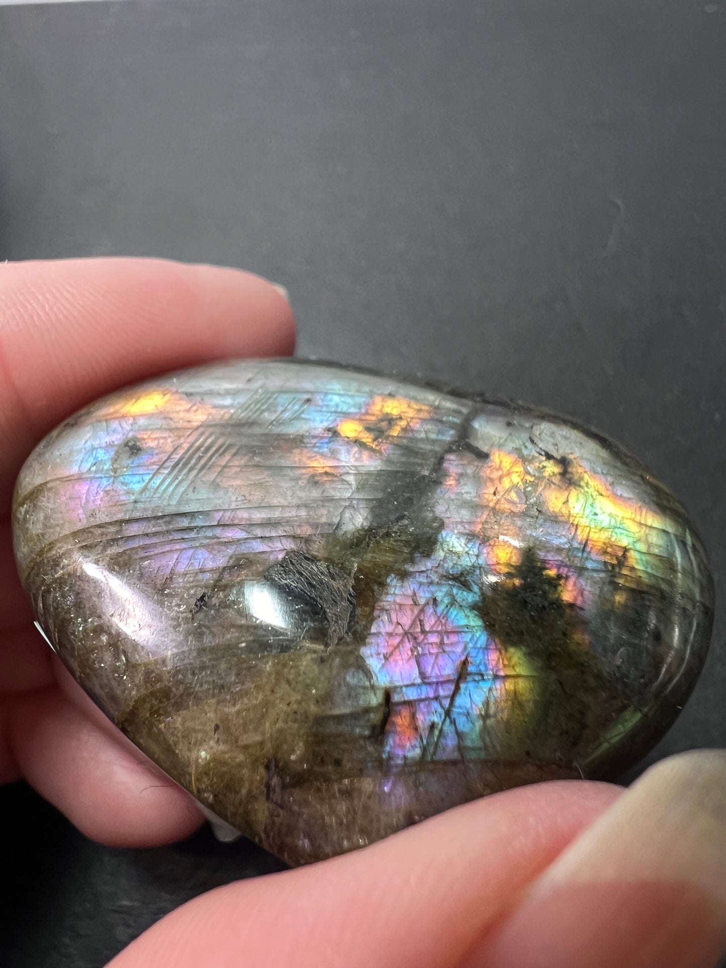 Labradorite heart with pink purple flash