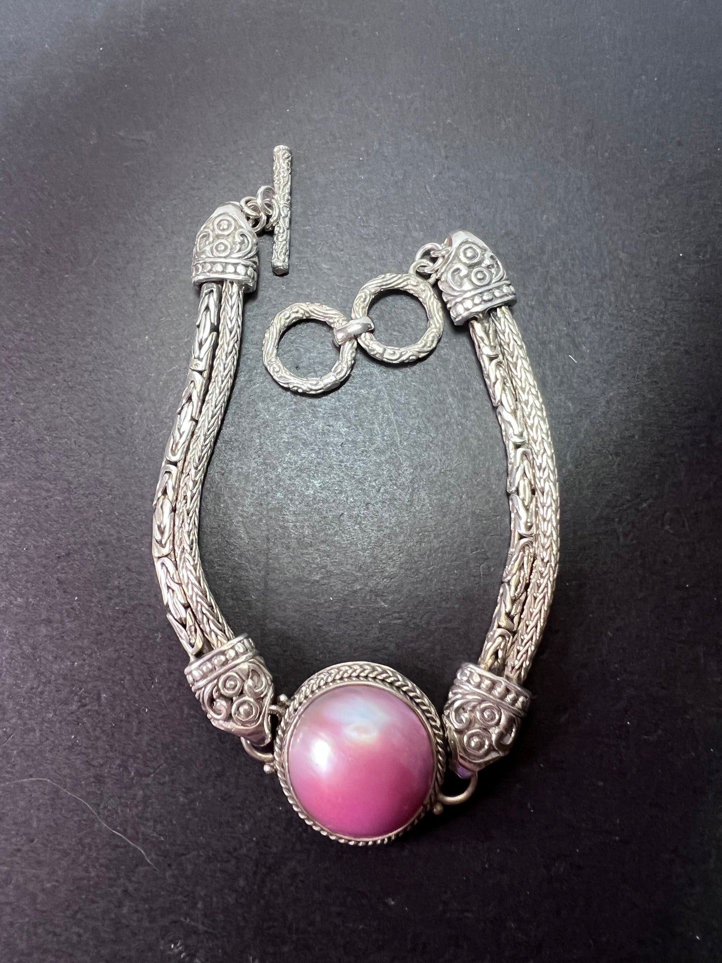 Bali sterling silver pink mabe pearl toggle clasp bracelet