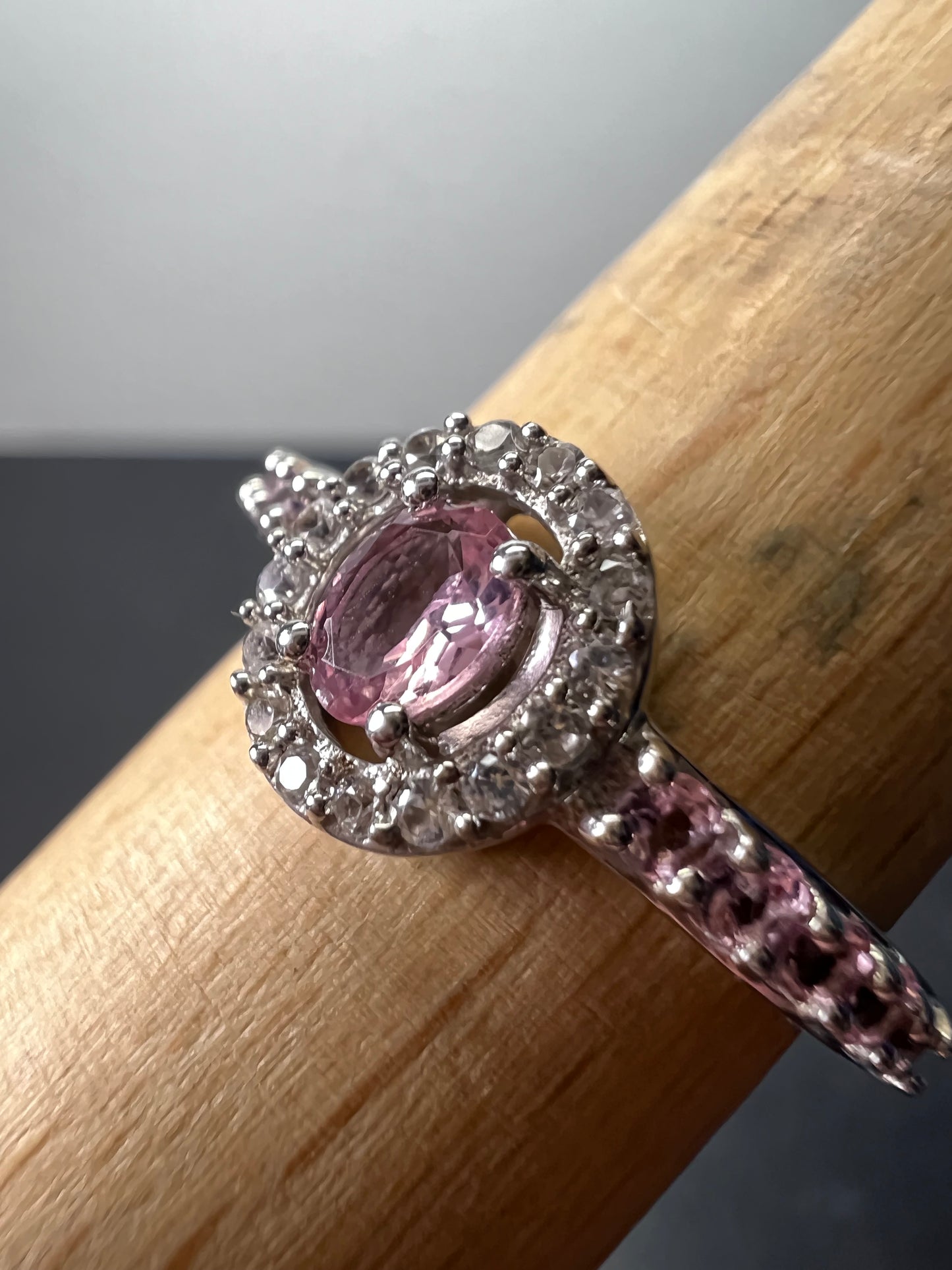 Pink tourmaline and white zircon sterling silver halo ring size 9