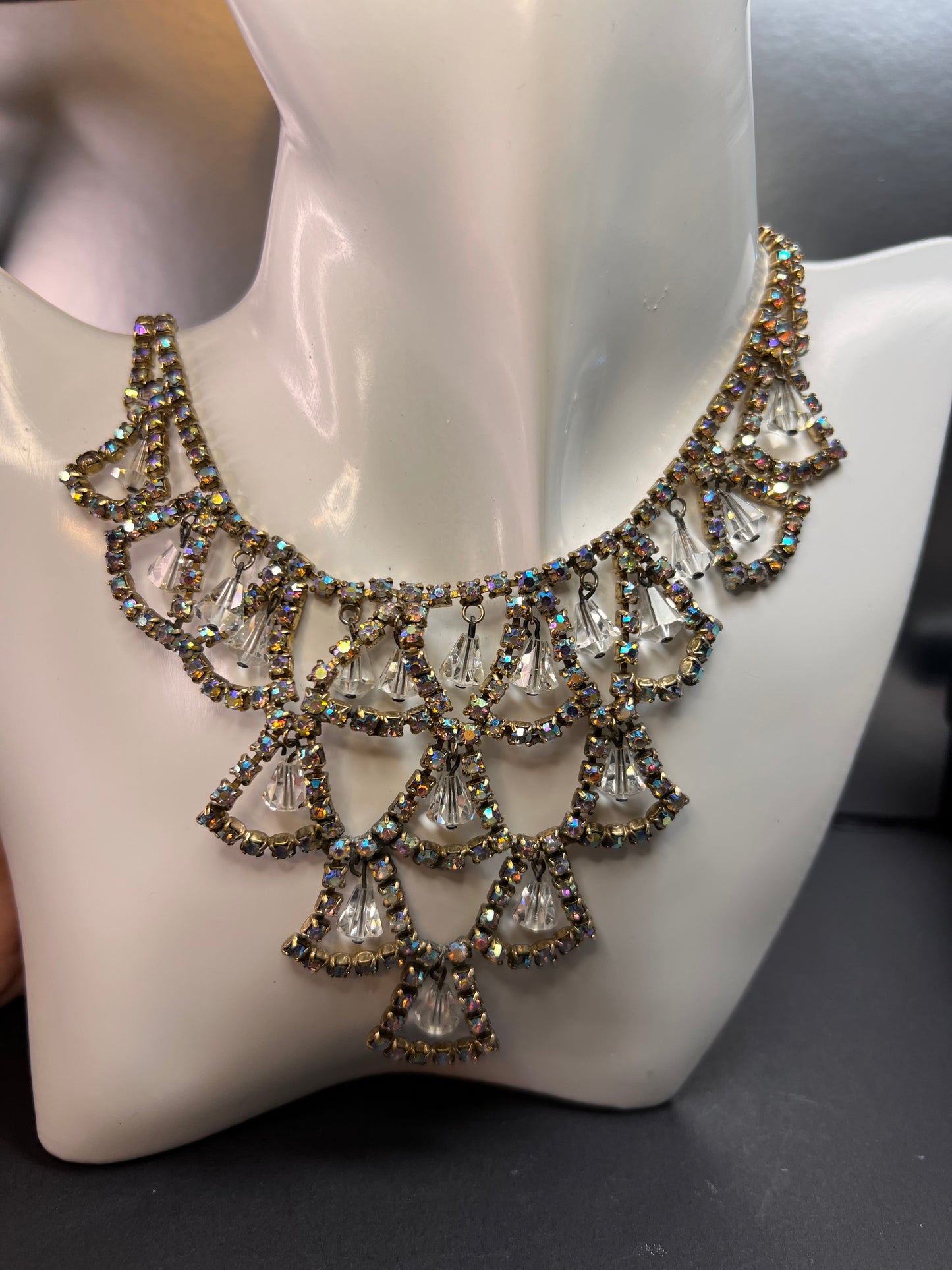 Vintage AB Rhinestone Bib Necklace Clear Glass Dangles Gold Tone