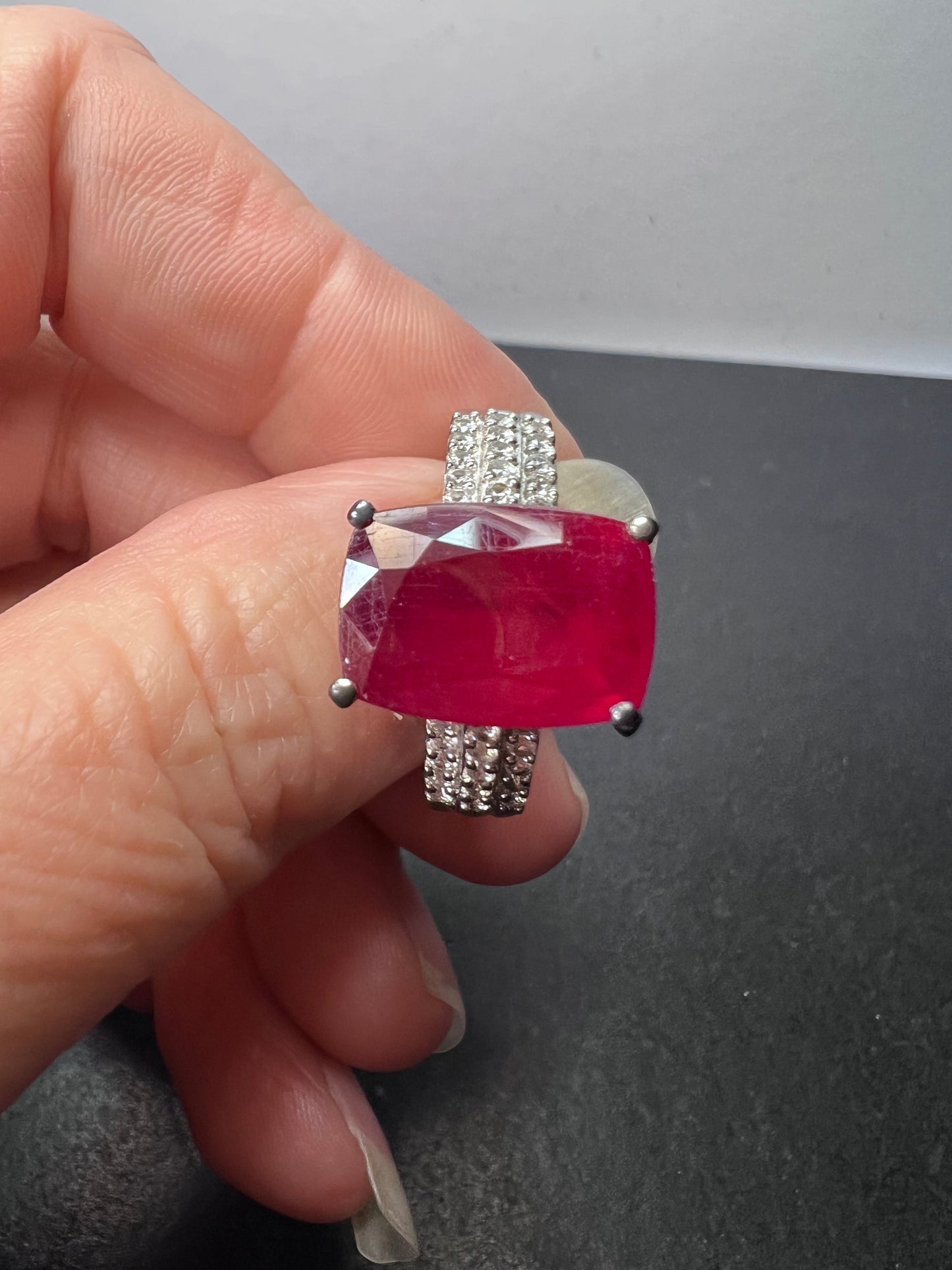 Niassa Ruby (FF) and Zircon Ring in Platinum Over Sterling Silver 6.70 ctw size 9