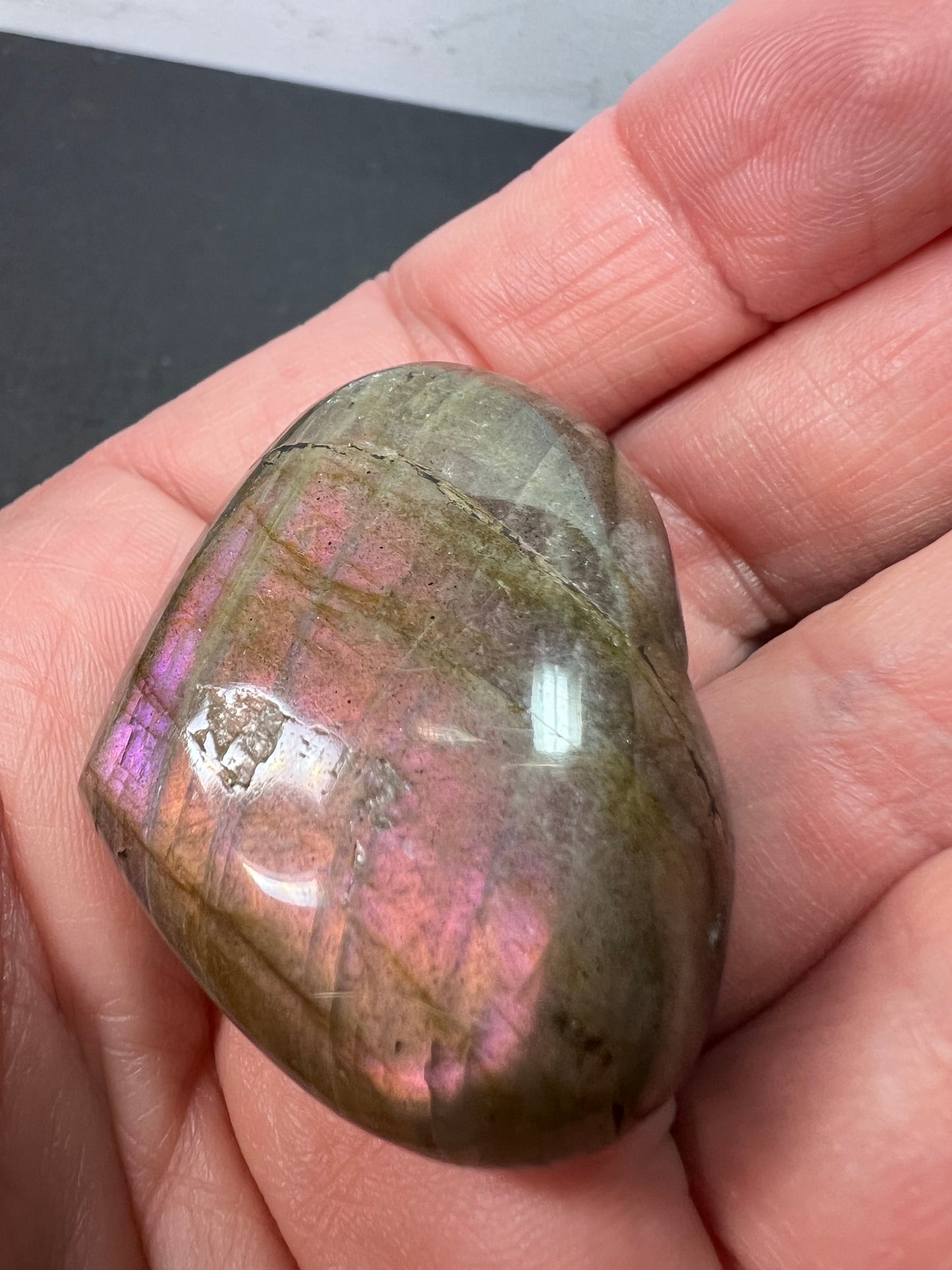 Labradorite heart with pink and purple flash