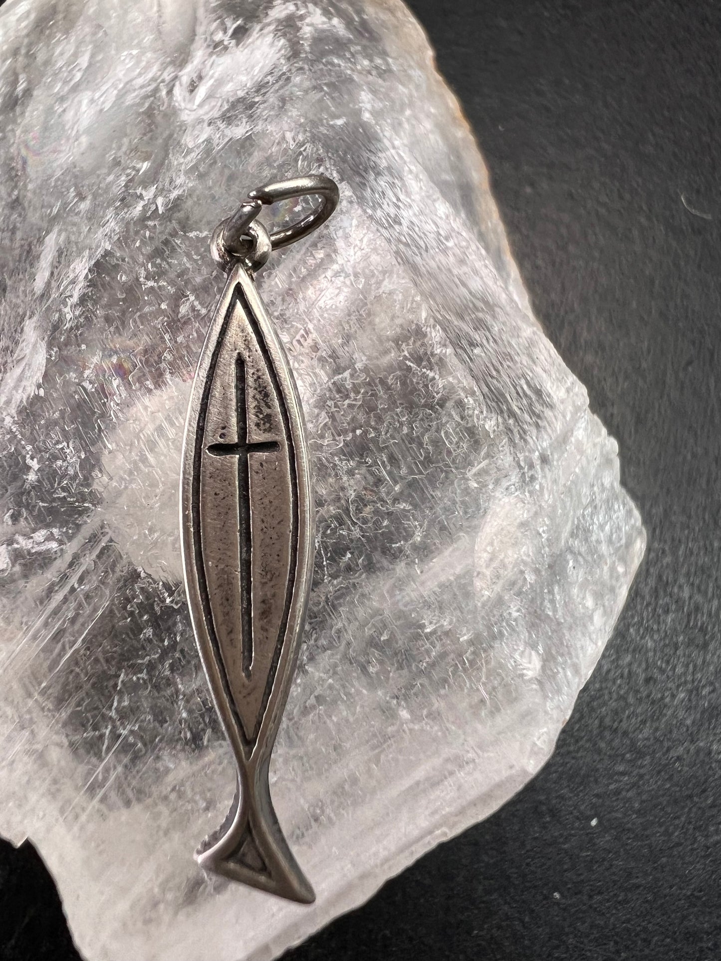 Vintage Dead Stock Sterling Silver Ichthys Cross Pendant, Signed Ster