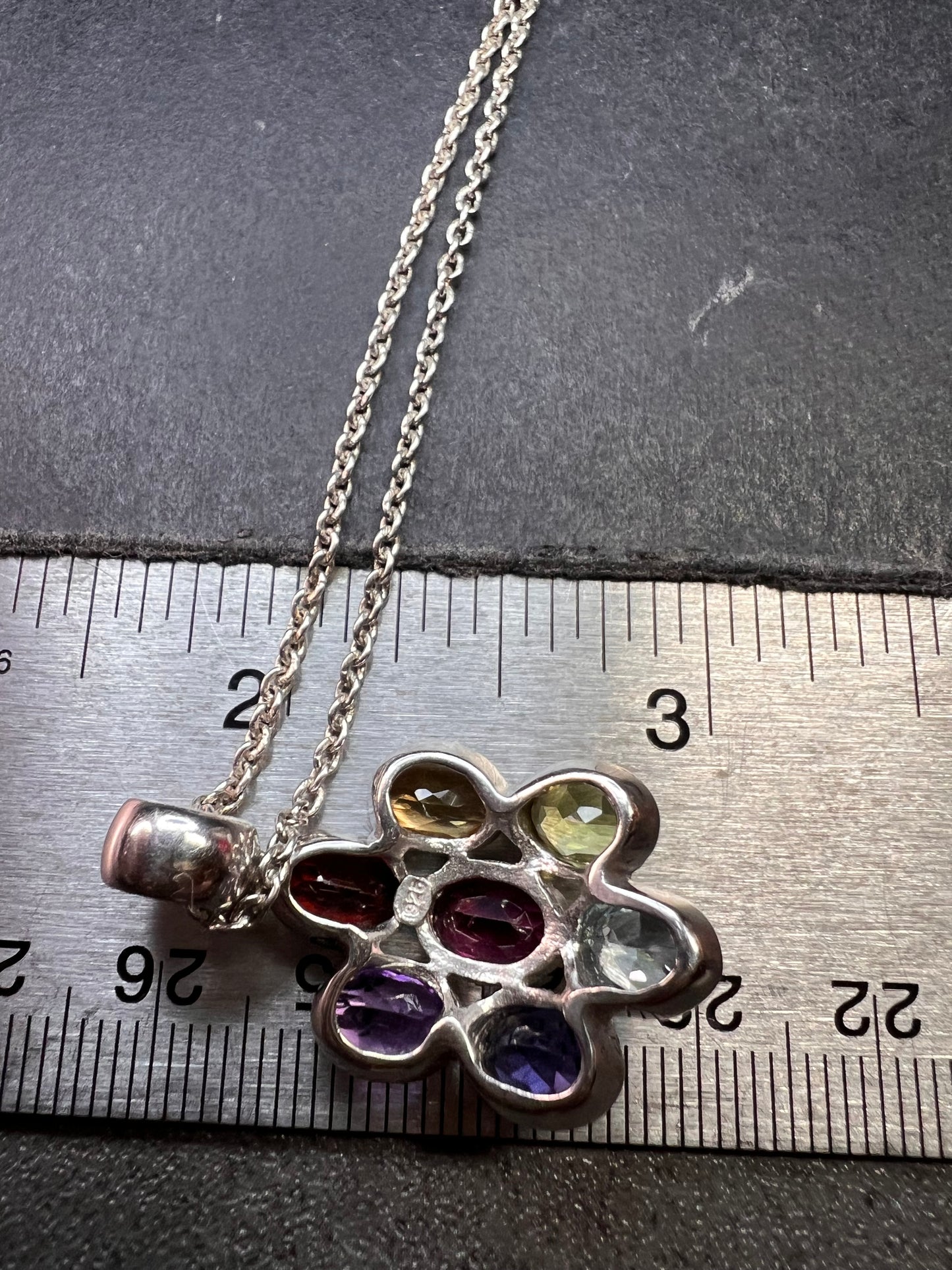 Vintage multi gemstone cluster pendant necklace in sterling silver