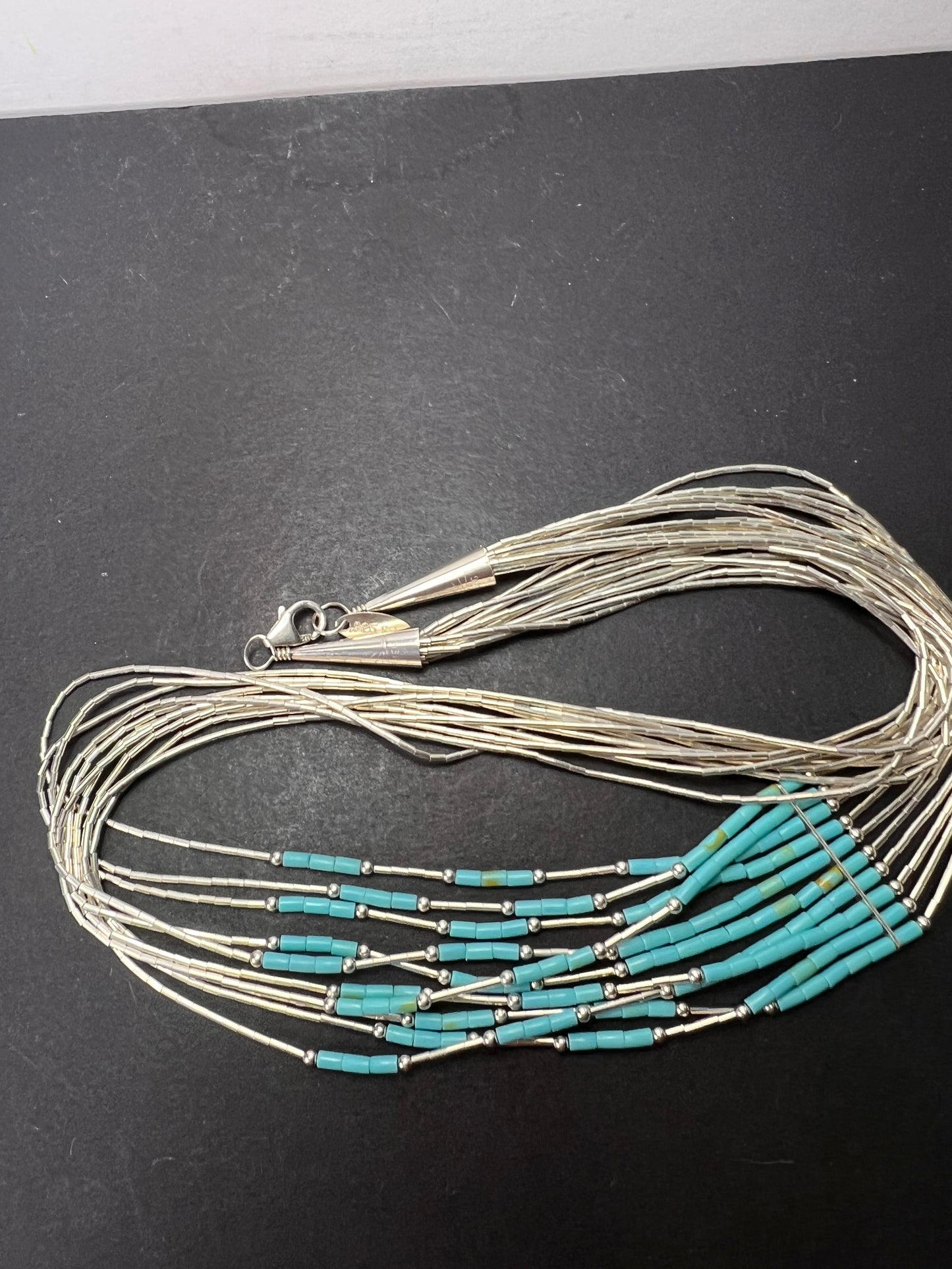 Southwest style liquid silver heishi turquoise 10 strand necklace