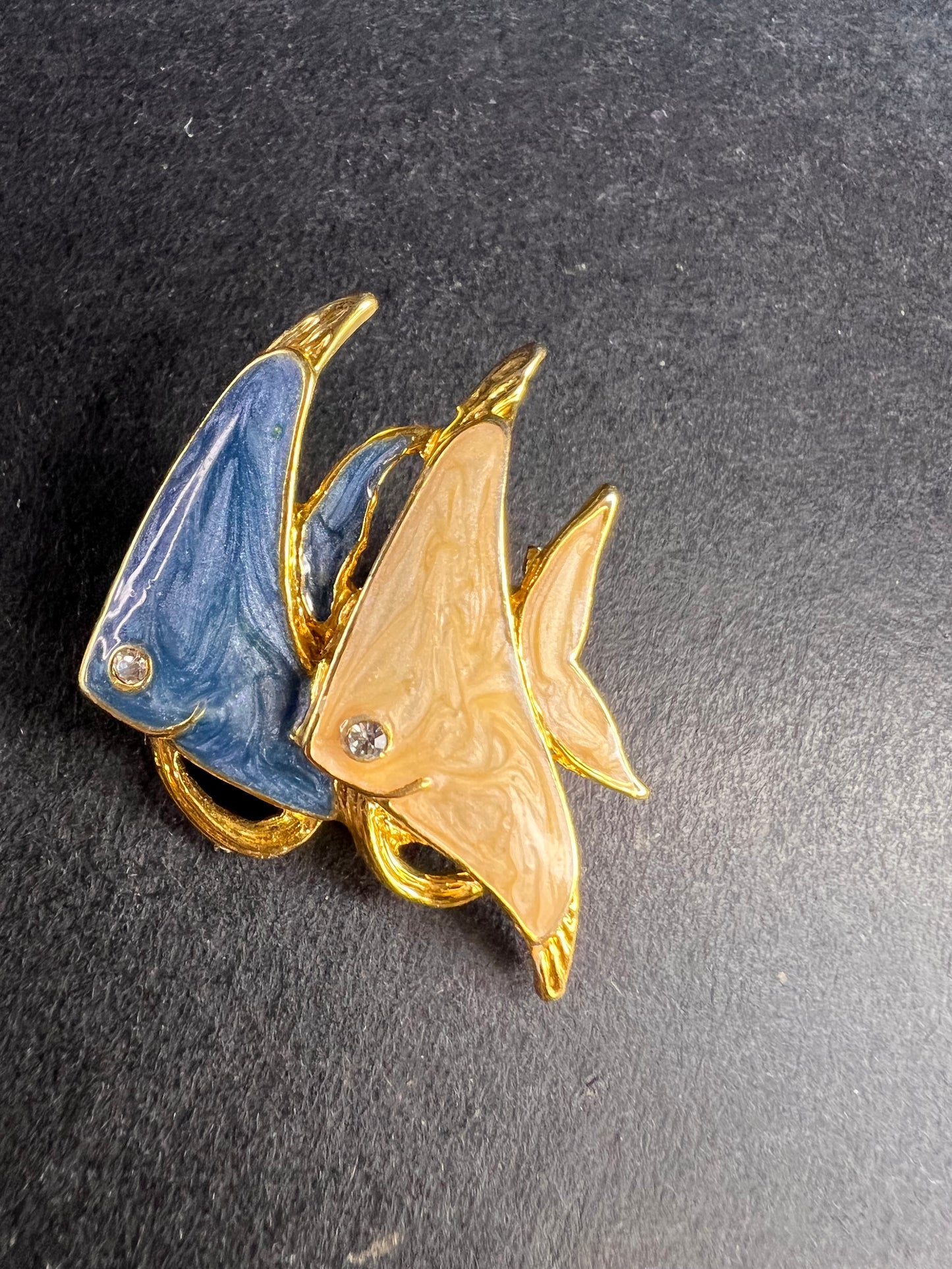 Vintage MCJ Signed Exotic Fish Gold Tone Brooch Pin - Rhinestones, Enamel