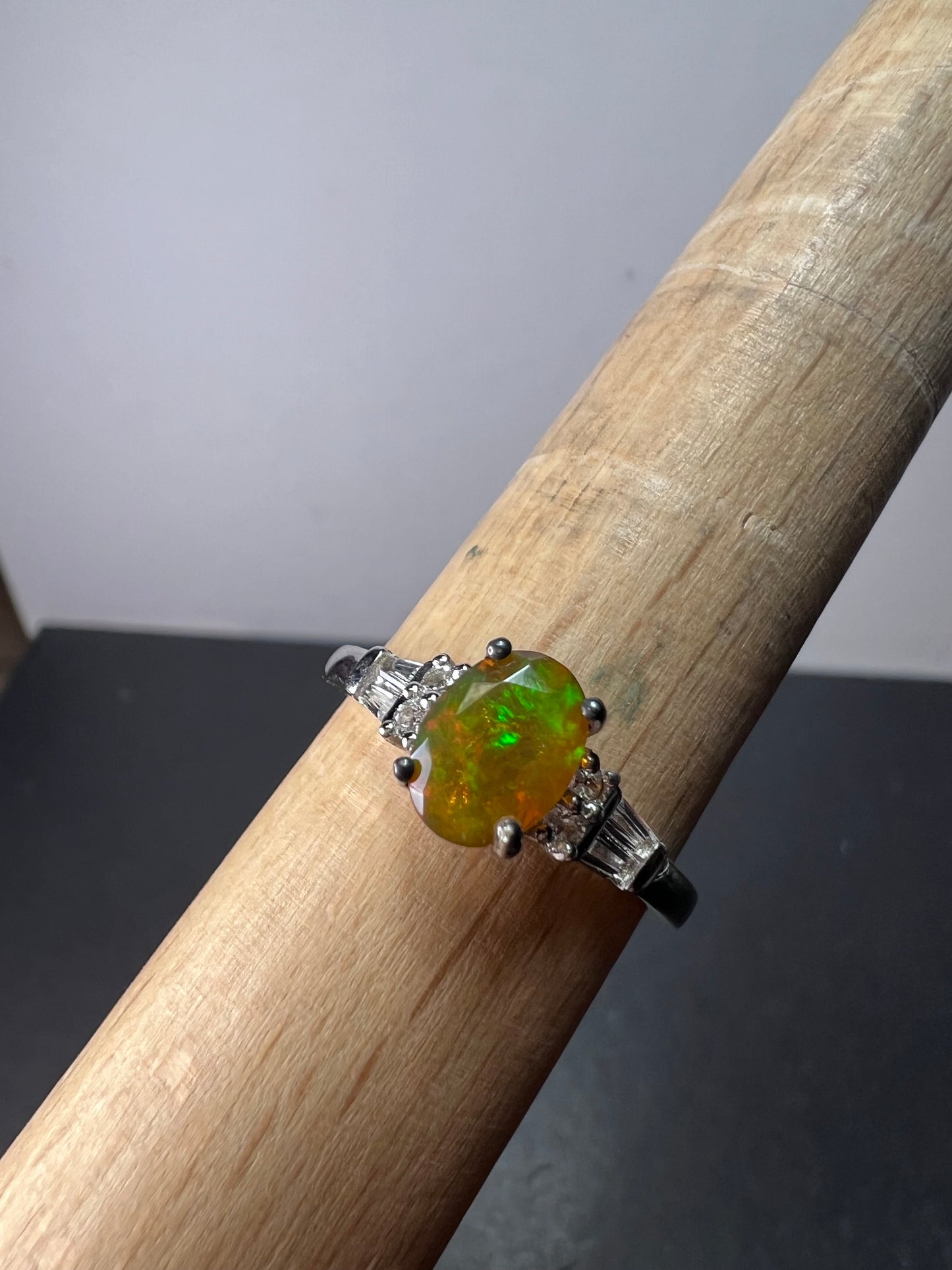 Ethiopian opal and white topaz sterling silver ring size 9