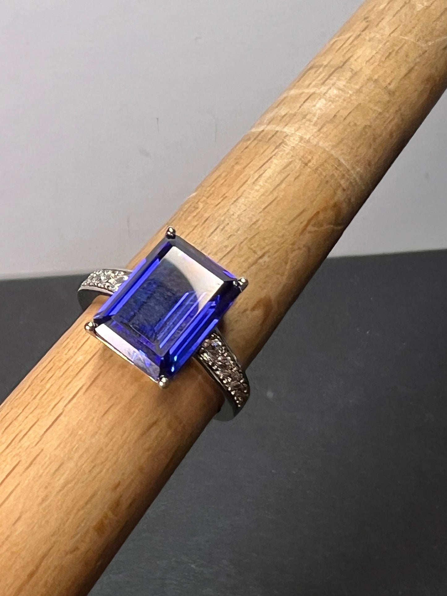 Emerald cut blue and white CZ sterling silver engagement ring 9.20 ctw size 9